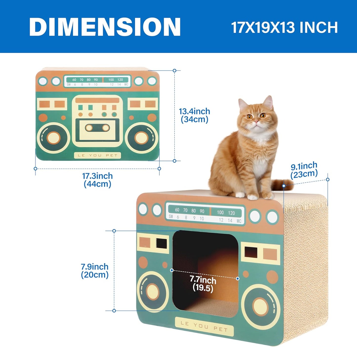 Radio Cat Scratcher Cardboard Lounge Bed - Durable Pads Prevent Furniture Damage - Cat Scratchers & Play House for Indoor Cats - Corrugated Scratcher Box Toy for Cat Birthday
