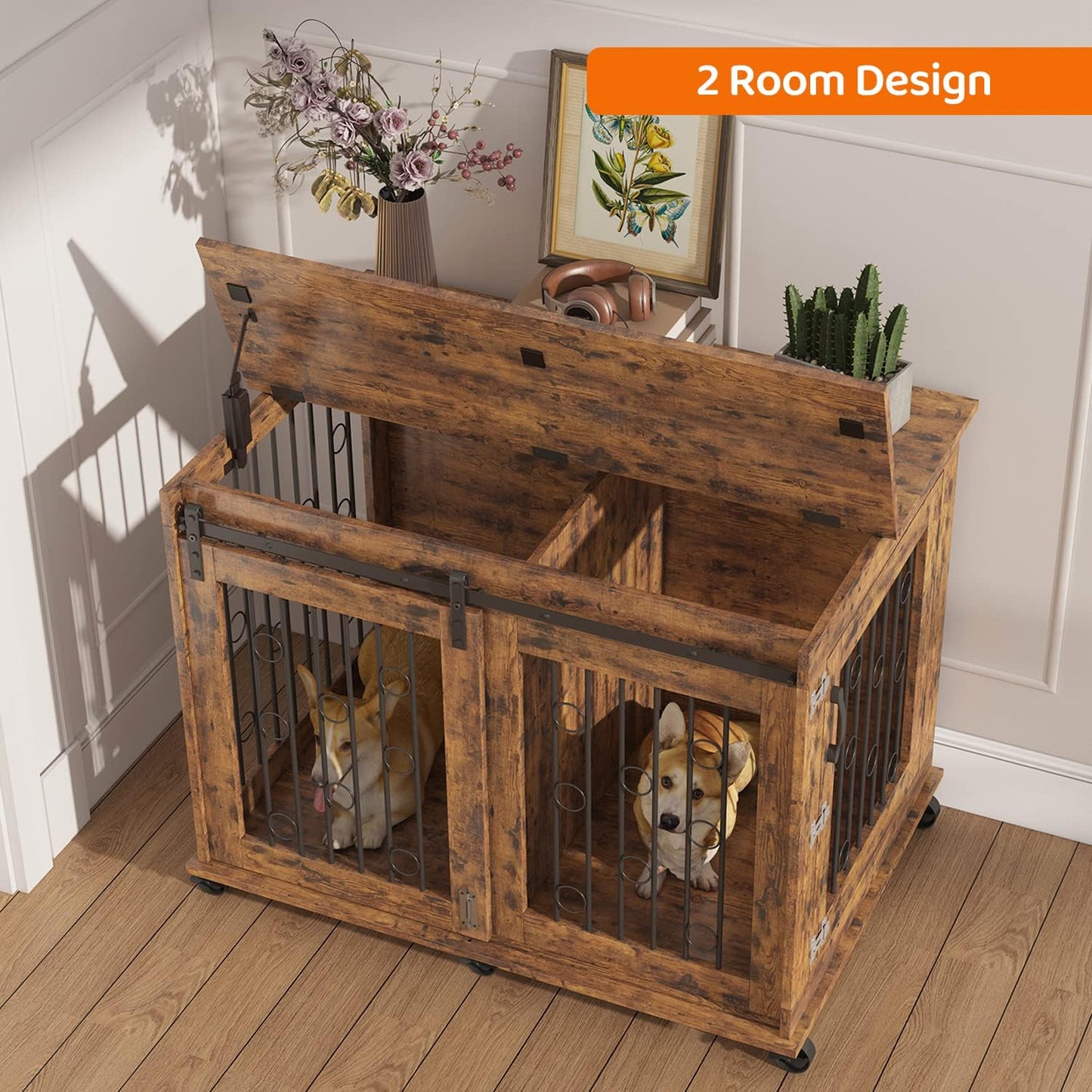 IchbinGo Large Dog Crate Furniture with Sliding Barn Door, 43.7" Wooden Dog Kennel End Table with Wheels and Flip-top Plate Dog House with Detachable Divider for Small/Medium/Large Dog (Rustic Brown)