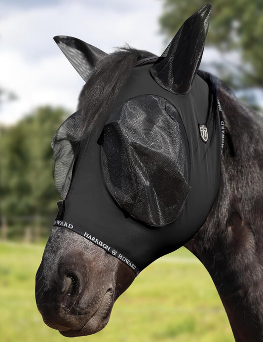 Harrison Howard Horse Fly Mask with Forelock Opening Stretch Breathable and Comfortable for Horses UV -Protection Black L