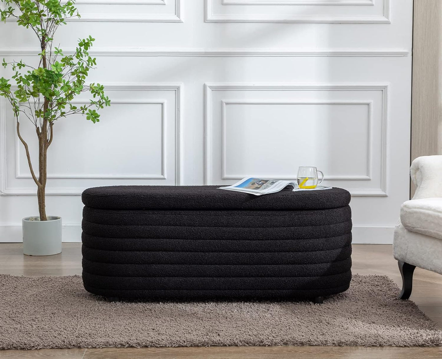 Kmax Storage Bench Faux Fur Entryway Bench Upholstered Ottoman Bench for Bedroom Living Room Hallway, Black