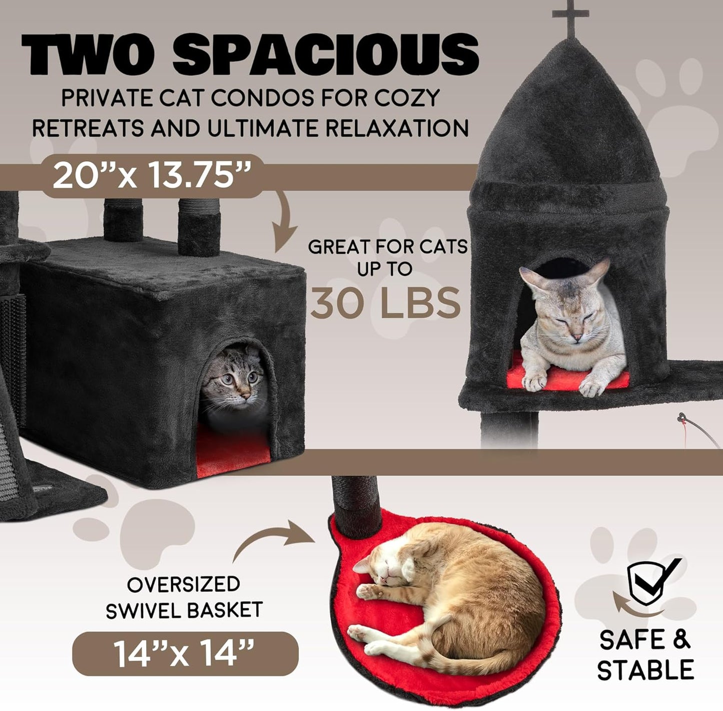 Large Cat Tree Tower for Large Cats, Cat Scratching Post, Self Grooming Post, Interactive Cat Toys, Oversized Perch and Basket, Heavy Duty 72", Black and Red