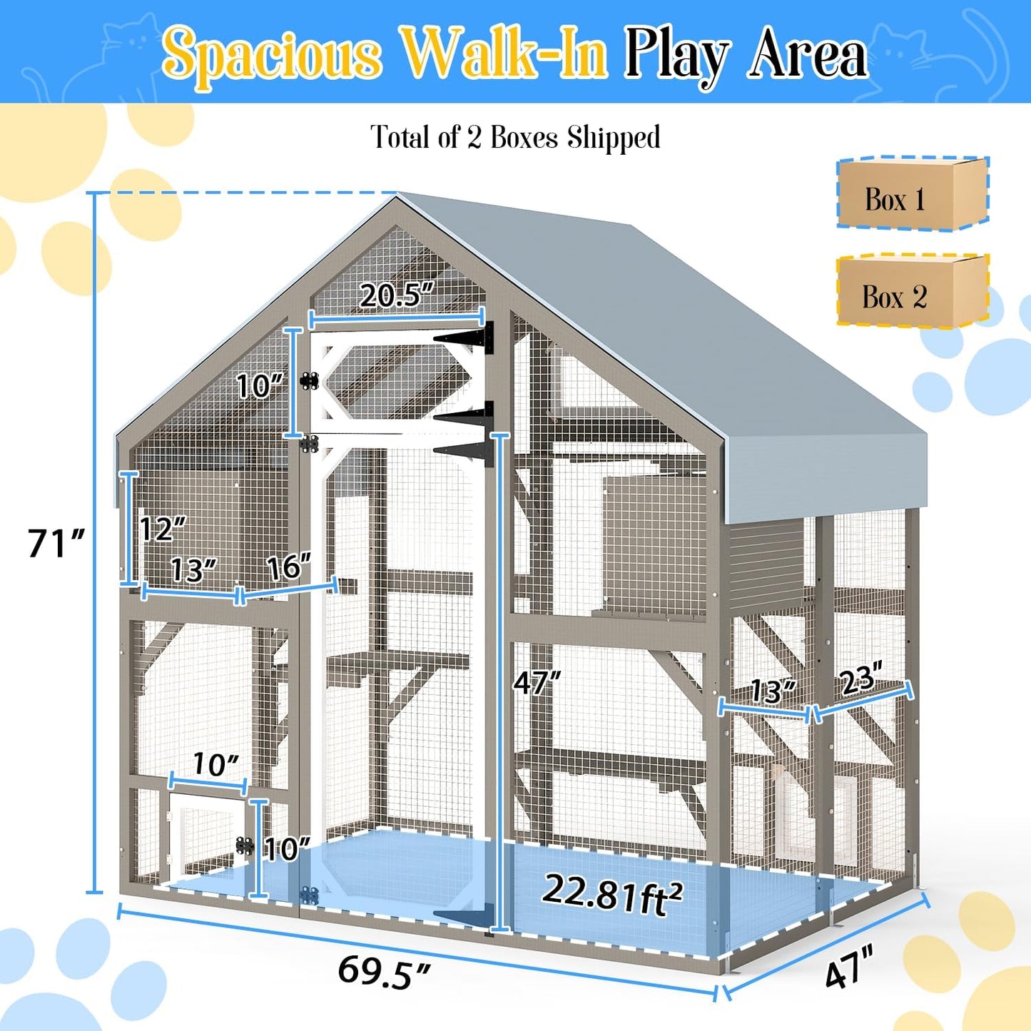 Cat Catio Outdoor Enclosure for Multiple Cats, Large Wooden Walk-in Cat House with Window Connection, 2 Condos, Platforms, Doors, and Weatherproof Roof Cover (69.5" L x 47" W x 71" H)