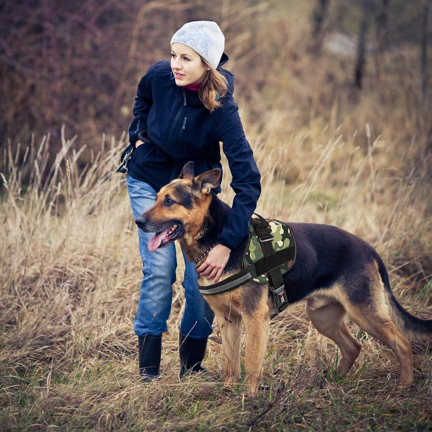 Dogline Dog Harness, Reflective No-Pull Adjustable Vest with Handle, Breathable No-Choke Harness for Small, Medium or Large Dogs Room for Patches Girth 27 to 34 in Green Camo