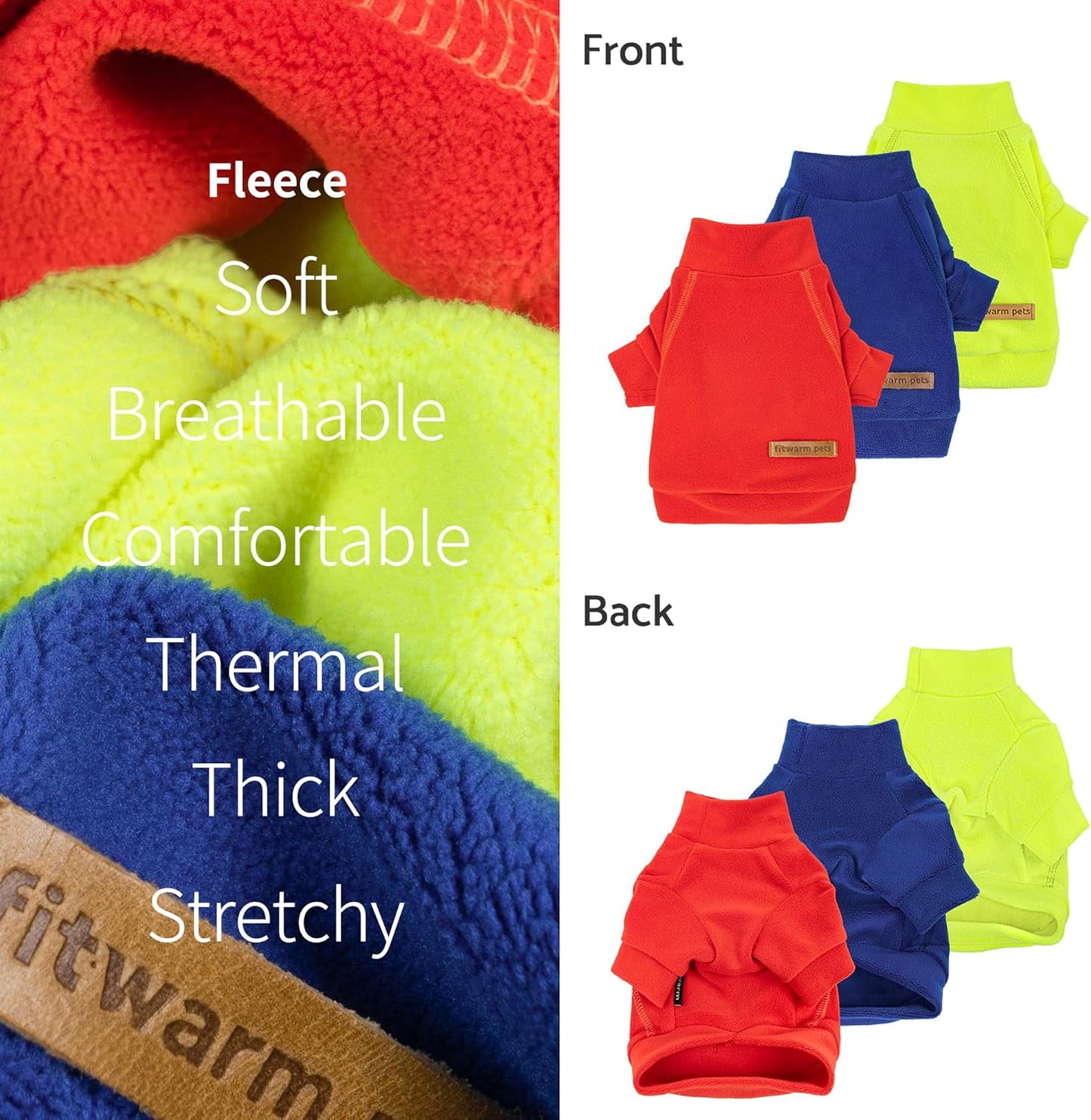 Fitwarm 3 Pack Classic Fleece Dog Sweater, Winter Clothes for Small Dogs Boy Girl, Turtleneck Dog Sweatshirt, Pet Apparel, Orange Red, Royal Blue, Neon Yellow, XXL