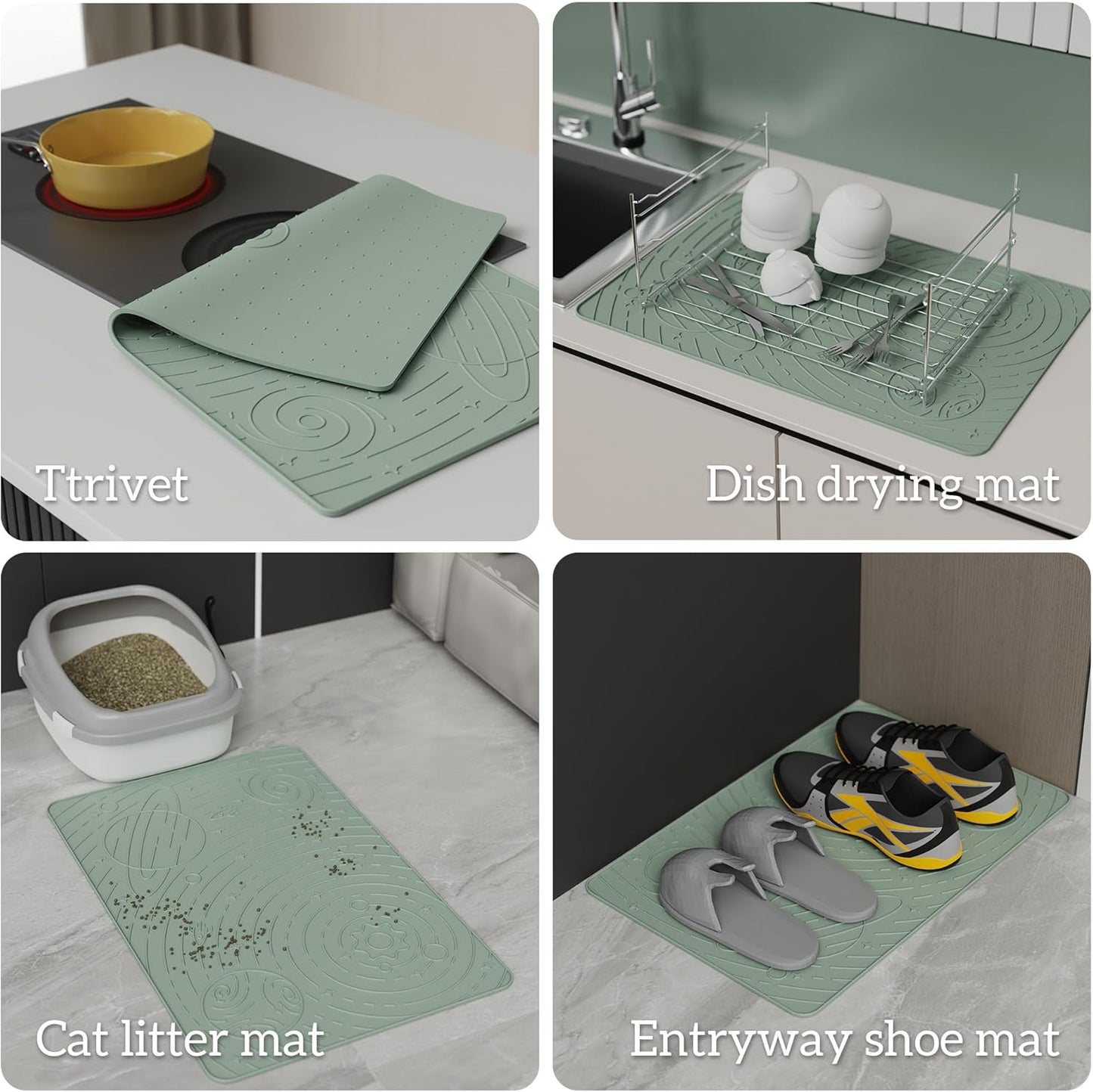 OHMO Dog Food Mat, Silicone Waterproof Cat Food Mat, Non-Skid Spill Proof Pet Feeding Mat for Food and Water, Easy to Clean Dog Placemat(Sage Green, 18.9" x 11.8")