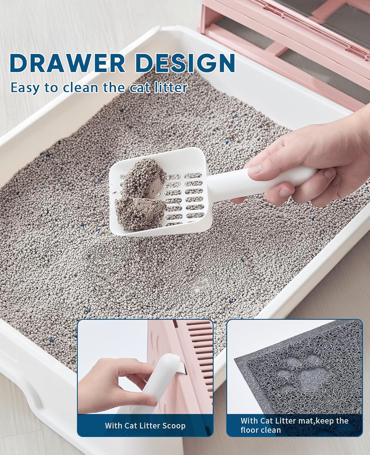 Cat Litter Box with Litter Mat and Scoop, Large Foldable Litter Box with Lid, Front Entry Top Exit Kitty Box, Odor Control, Easy to Clean (Pink)