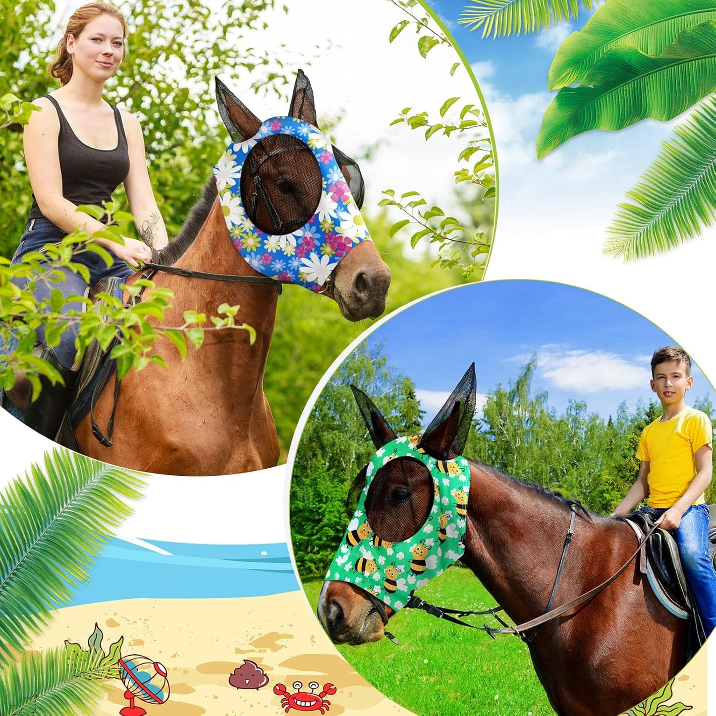 Chunful 6 Pcs Horse Fly Masks with Ears Smooth and Comfortable Cashel Mesh Fly Mask Elasticity Breathability UV Protection Horse Face Covering for Riding Supplies(Floral,Medium)
