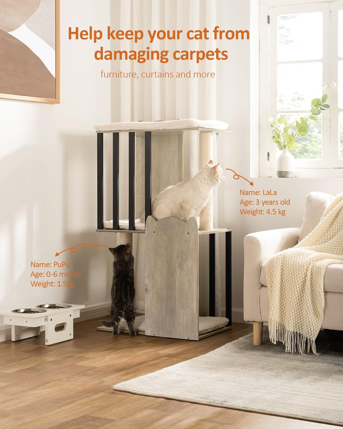 FourFurPets 43.8in 3-Tier Modern Cat Tree Tower Condo, Cat Scratch Posts for Indoor Cats, Big Plate, Two 19.7in Full Sisal Scratching Posts, Greige