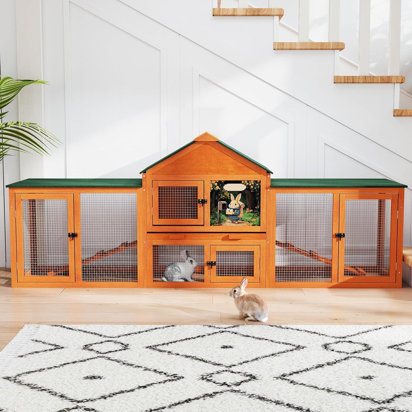 COZIWOW 82” Extra Large Fashion Wooden Outdoor Rabbit Hutch Bunny Cage Indoor Easy to Assemble and Durable with Cleaning Tray & Waterproof Roof for Small & Medium Bunny Rabbit Duck Chick (Orange)