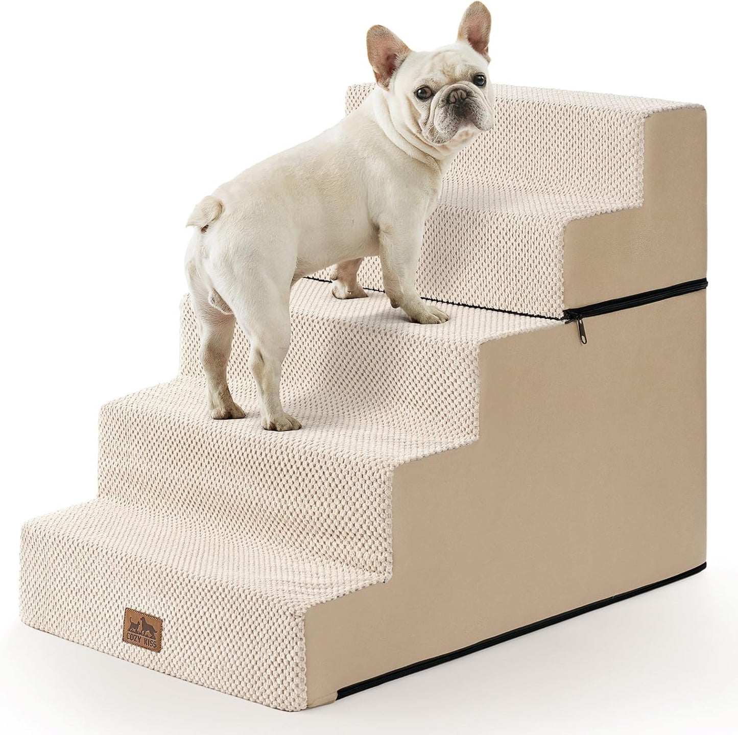 Dog Stairs for Small Dogs, 5 Tier Removable Wider Pet Stairs for Couch and Bed, 23.6" H Non-Slip Dog Steps for Puppies and Old Cats with Support Board, 29.5x19.7x23.6 inch, Beige