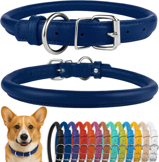 CollarDirect Rolled Leather Dog Collar, Soft Padded Round Puppy Collar, Handmade Genuine Leather Collar Dog Small Large Cat Collars 13 Colors (11-14 Inch, Deep Blue Textured)