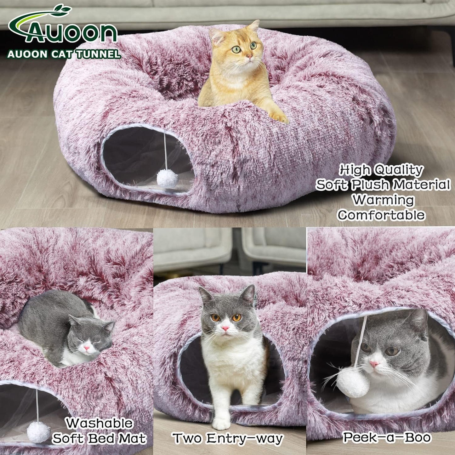 AUOON Cat Tunnel Bed for Indoor Cats - Circle Peekaboo Cat Cave with Washable Mat for Indoor Cats Kitten Kitty Puppy Rabbit Ferret (Rosiness)