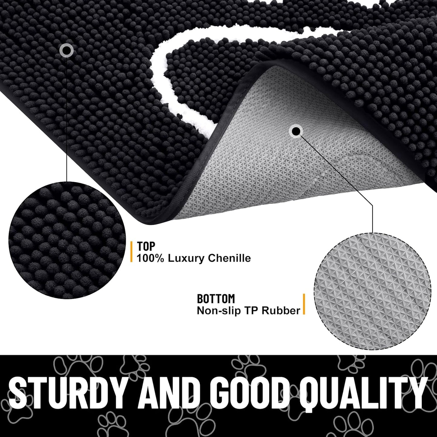 Smiry Dog Door Mat for Muddy Paws, Absorbent Dirt Trapper Non Slip Quick Dry Washable Chenille Mat for Mud Dogs, Entry Rug for Indoor and Outdoor (71x46 Inches, Black)