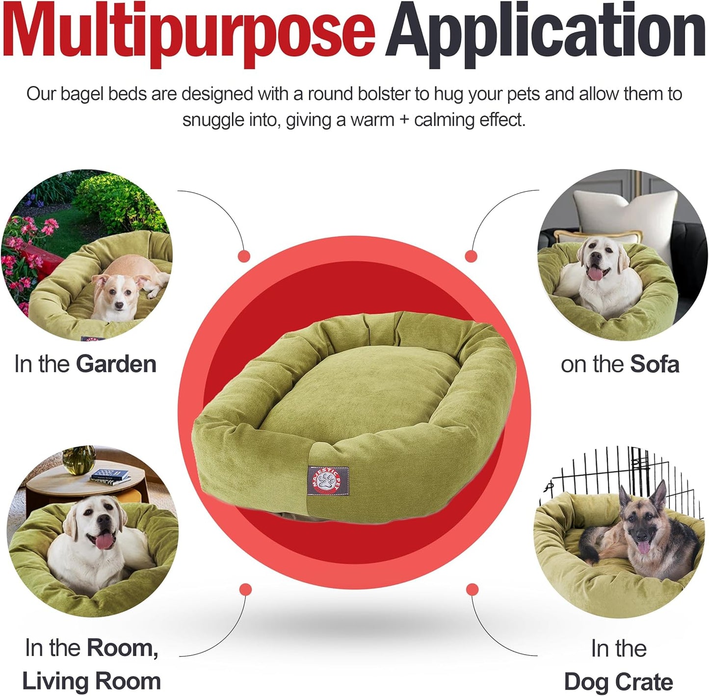Majestic Pet 52 Inch Micro Velvet Calming Dog Bed Washable 52x35x11 (inch) – Cozy Soft Round Donut Dog Bed with Spine for Head Support -Pet Bed X- Large – Apple (2025)