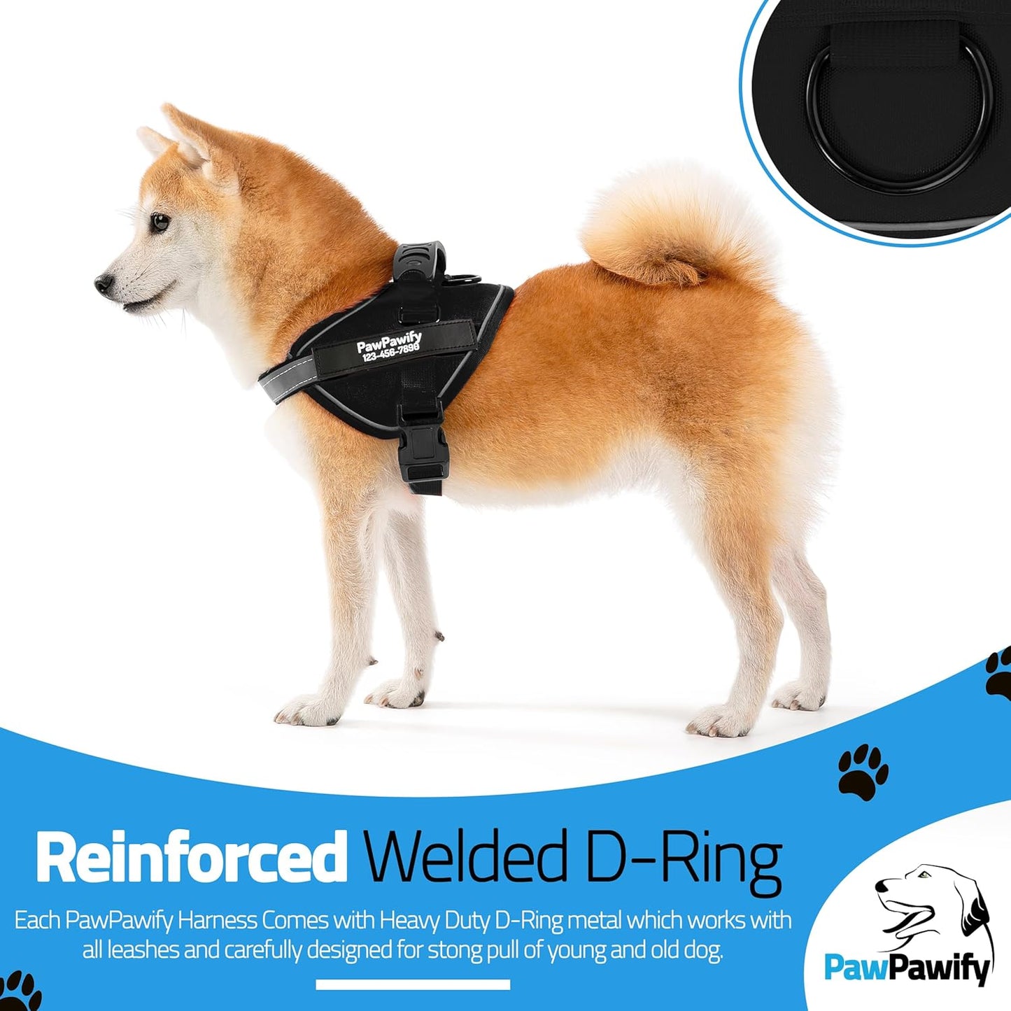 PawPawify Custom No Pull Dog Harness with Name and Phone Number, Heavy Duty Personalized Pet Vest to Prevent Tugging, Pulling, or Choking, Training and Walking (New Black, XS (5-9LBS))