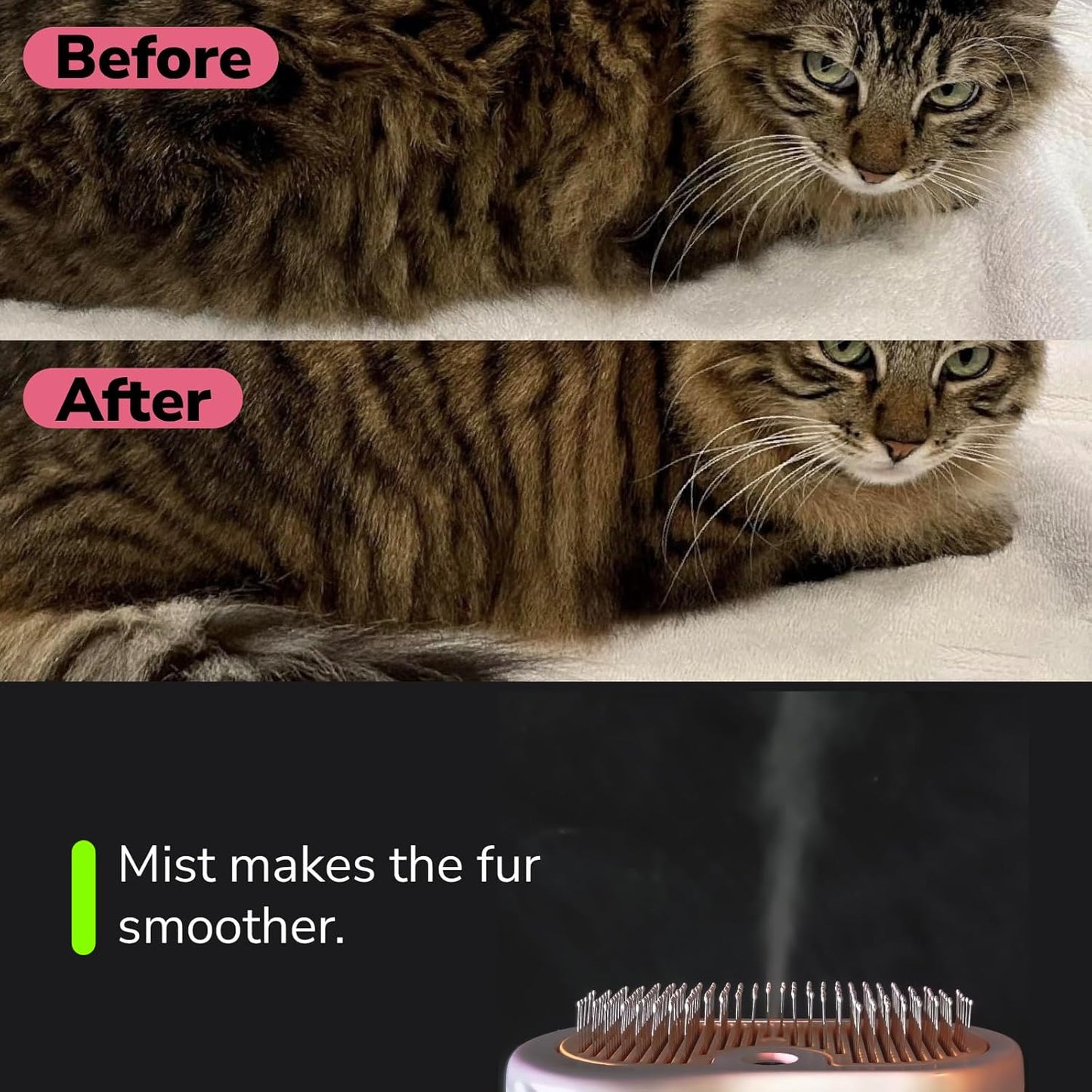 Misty - Moisturizing Pet Comb - Hair Brush with Mist, One-Click Clean, & Stainless Steel Bristles - Anti-Static Deshedding - Smooth Grooming for Cats, Dogs, & Small Pets - No Handle Compact Design