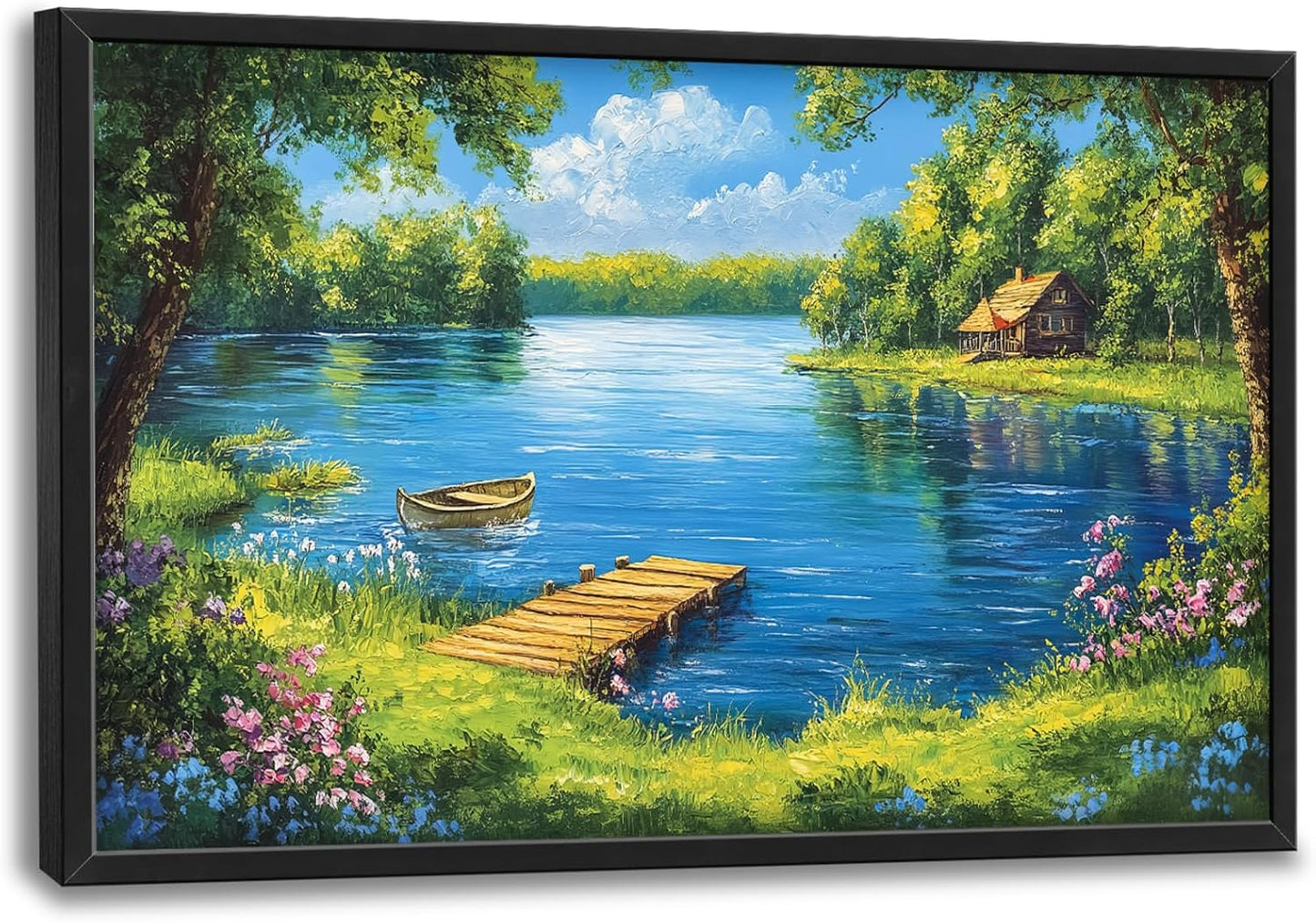 Large Lake Cabin Wall Art for Living Room, Framed Oversized Tree Boat Wildflowers Wall Decor Nature Landscape Canvas Painting Modern Artwork for Bathroom Bedroom Office Dining Room 36"x24"