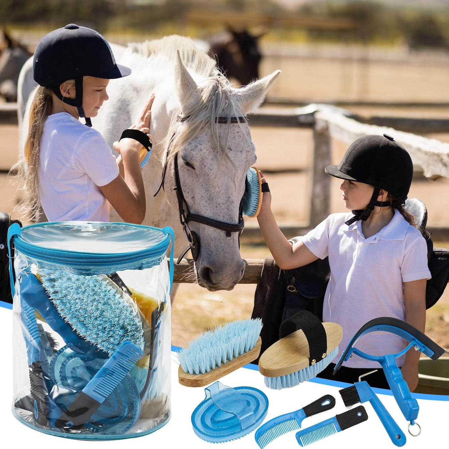 9 Pieces Horse Grooming Kit Tack Room Supplies Set with Organizer Tote Bag, Oval Massage Curry, Hard and Soft Brush, Hoof Pick, Sweat Scraper, Bathing Sponge, Combs for Horse Riders Beginners (Blue)