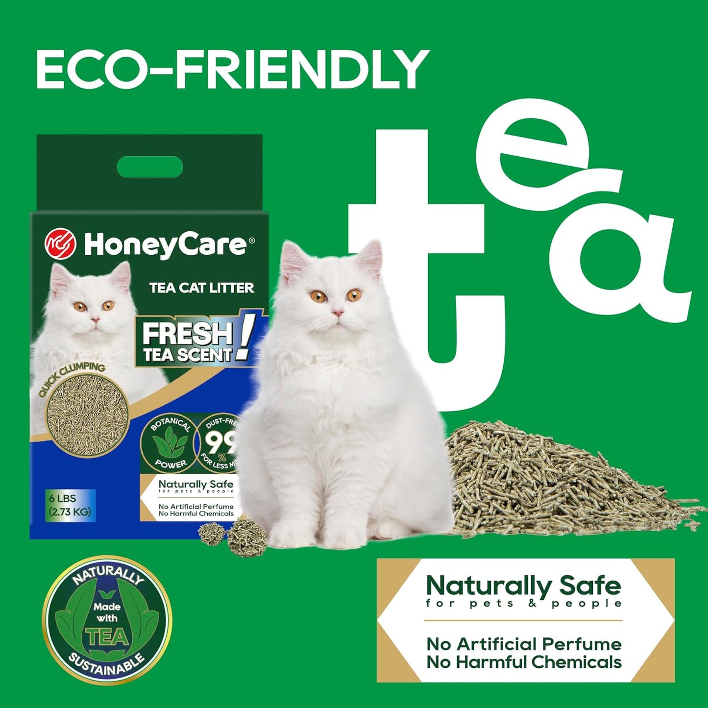HoneyCare Tea Cat Litter | Natural Plant-Based Formula | Long-Lasting Odor Control | 99% Dust-Free & Low Tracking | Flushable Cat Litter | 6-lbs