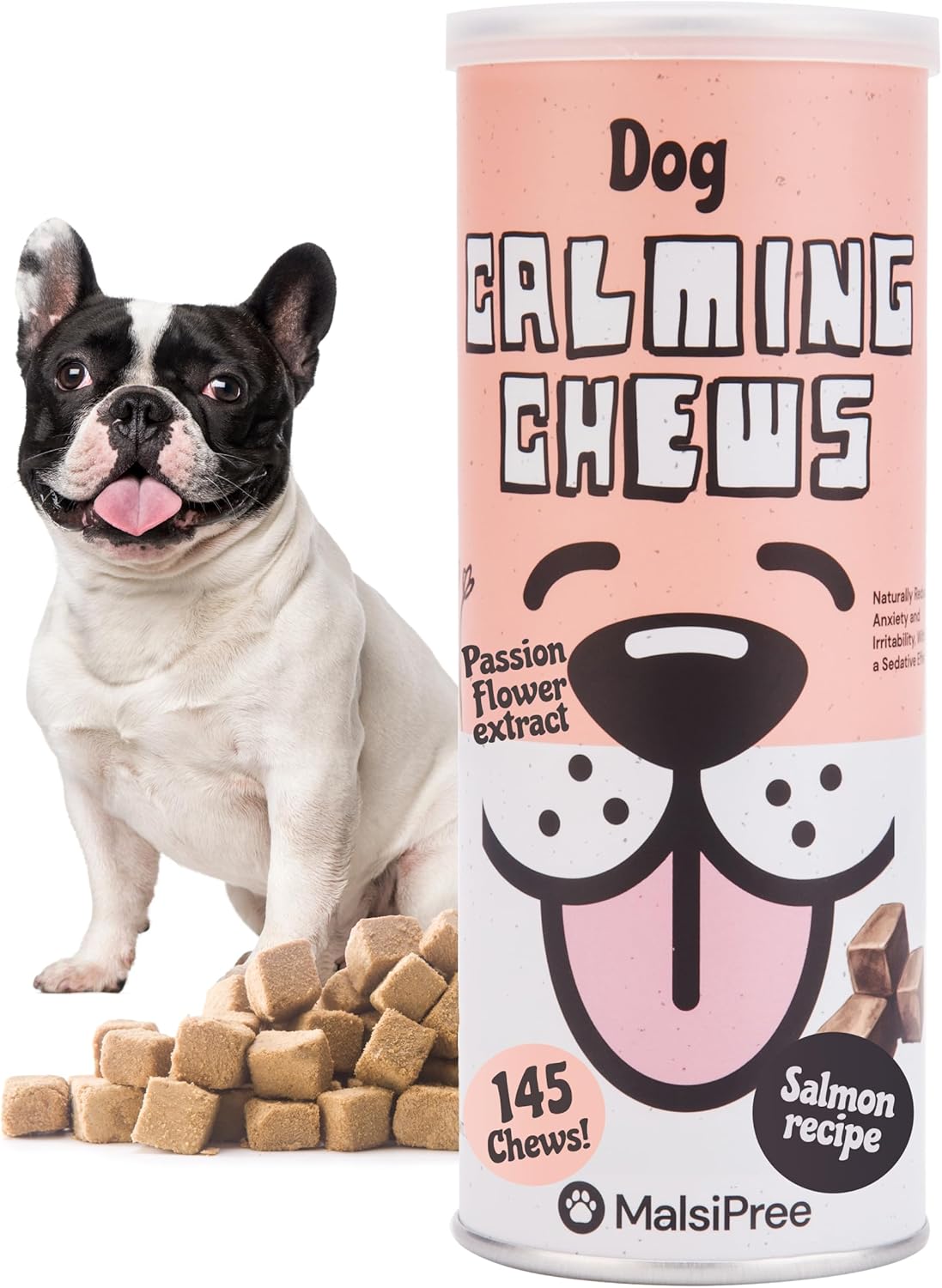 MalsiPree Calming Chews for Dogs - 145 pcs Salmon - Helps Regulate Mood - Anxiety Relief Treats - No Sedative Effect - Freeze Dried - with Passion Flower & Melatonin