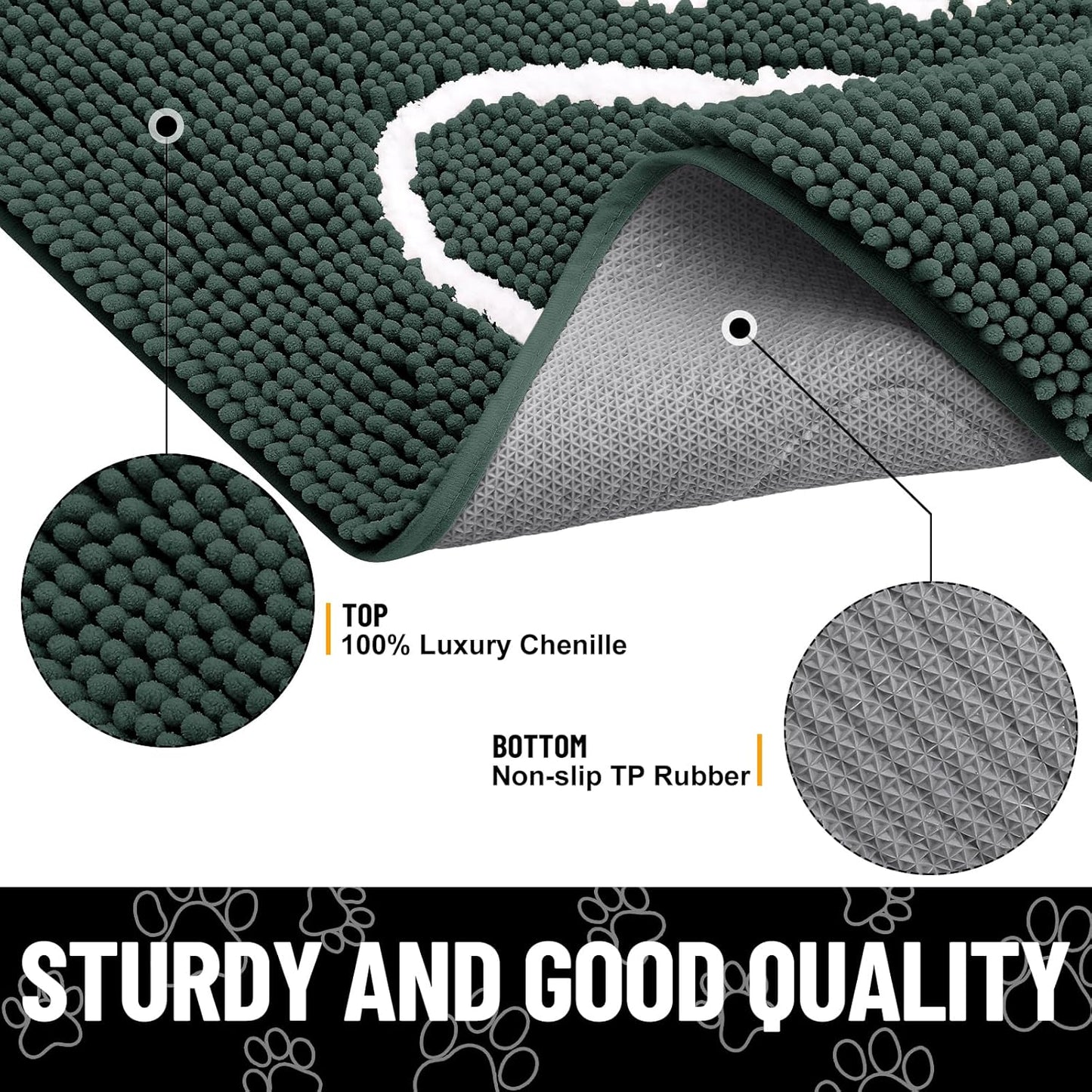 Smiry Dog Door Mat for Muddy Paws, Absorbent Dirt Trapper Non Slip Quick Dry Washable Chenille Mat for Mud Dogs, Entry Rug for Indoor and Outdoor (70x24 Inches, Green)