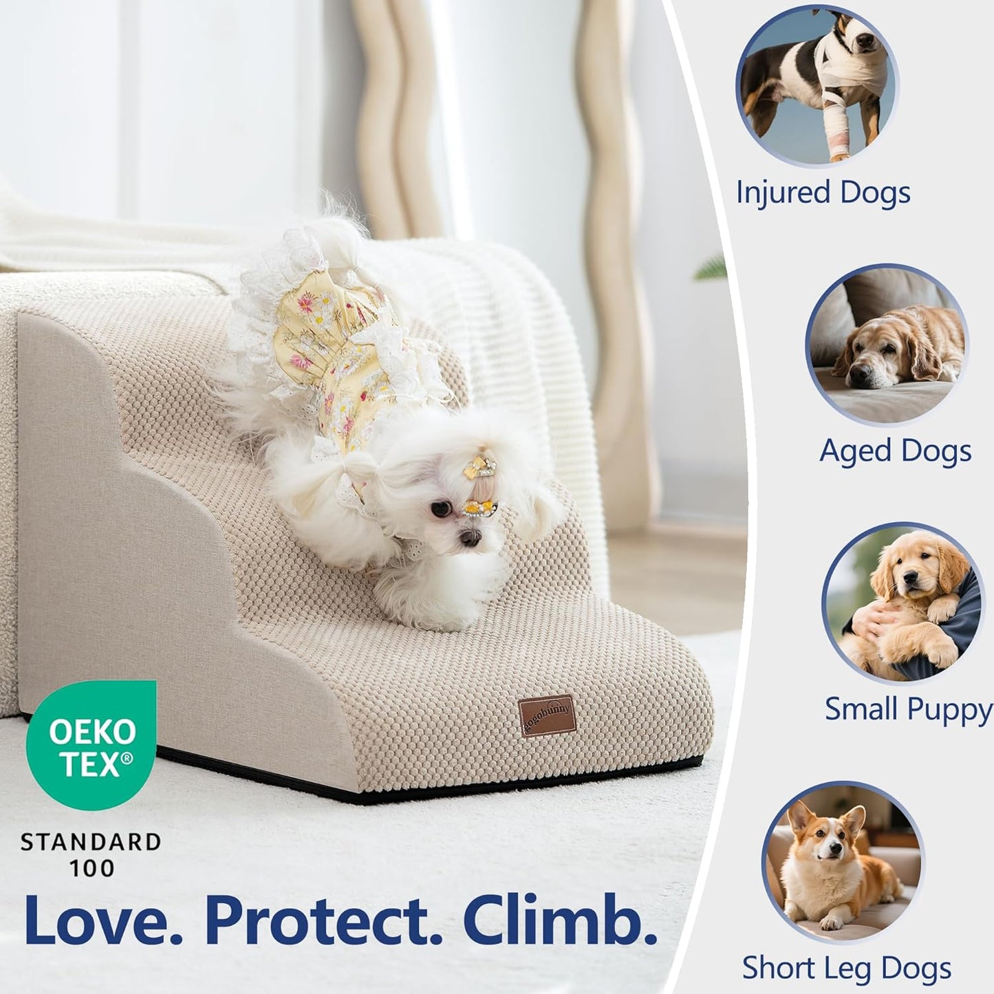 GoGoBunny Ramp Dog Stairs for High Beds 22.6" H, 5-Step Dog Slope Stairs with Durable Waterproof Fabric Cover, Pet Steps for Old Large Dogs Climbing, Non-Slip Sturdy Indoor Step, Beige