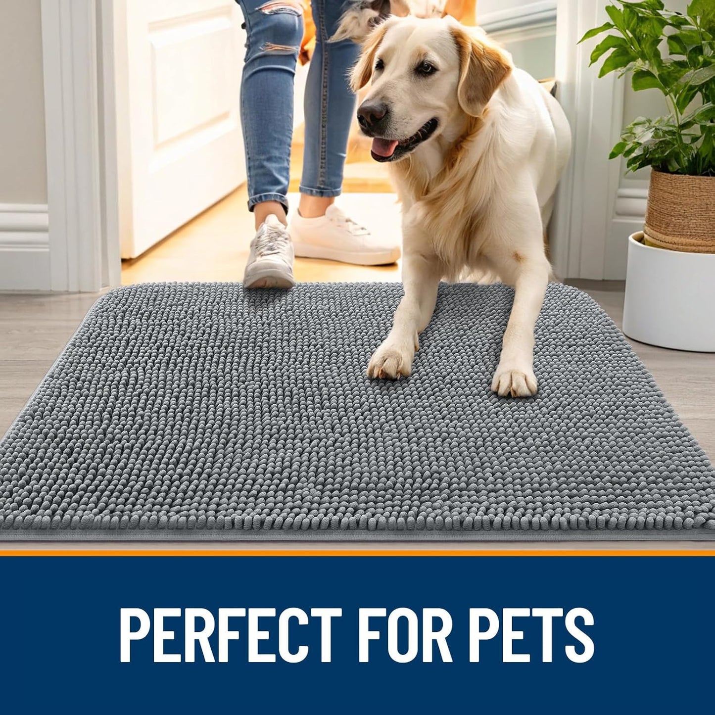 OLANLY Dog Door Mat for Muddy Paws 40x24, Absorbs Moisture and Dirt, Absorbent Non-Slip Washable Doormat, Quick Dry Chenille Mud Mat for Dogs, Entry Indoor Entryway Carpet for Inside Floor, Grey