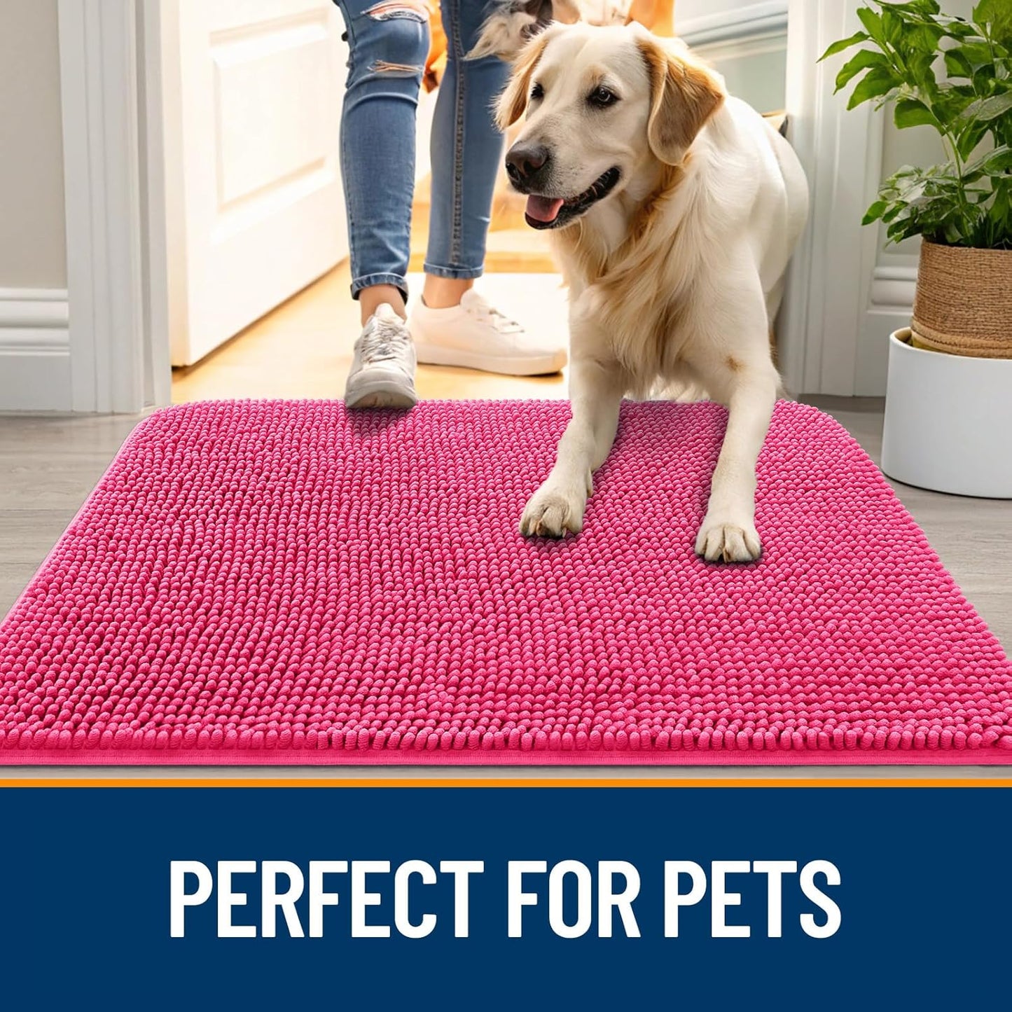 OLANLY Dog Door Mat for Muddy Paws 30x17, Absorbs Moisture and Dirt, Absorbent Non-Slip Washable Doormat, Quick Dry Chenille Mud Mat for Dogs, Entry Indoor Entryway Carpet for Inside Floor, Hot Pink
