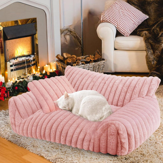 Cute Cat Couch Bed for Indoor Cats, Fluffy Pet Cat Sofa with Premium Soft Corduroy Fleece, Cute Small Dog Beds for Small Dogs, Fuzzy Puppy Chair with Removable Washable Cover (30x20x10,Pink)
