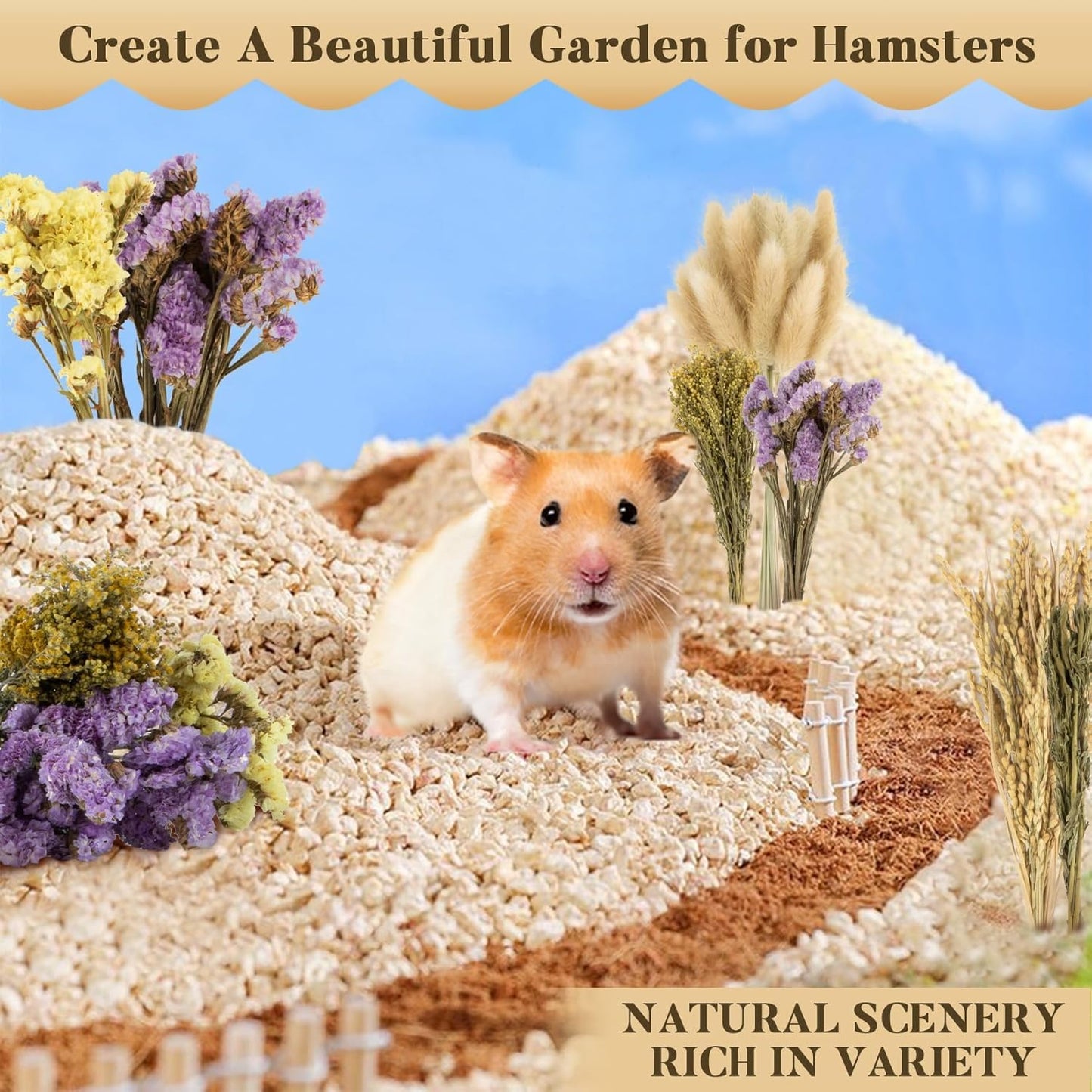 Sukh 60Pcs Nature Flower Herb Hamster Bedding - Cage Enclosure Habitat Decor Mate Small Animal Natural Ear of Grain Sprays for Syrian Dwarf Hamsters Gerbils Rabbit Other Pets
