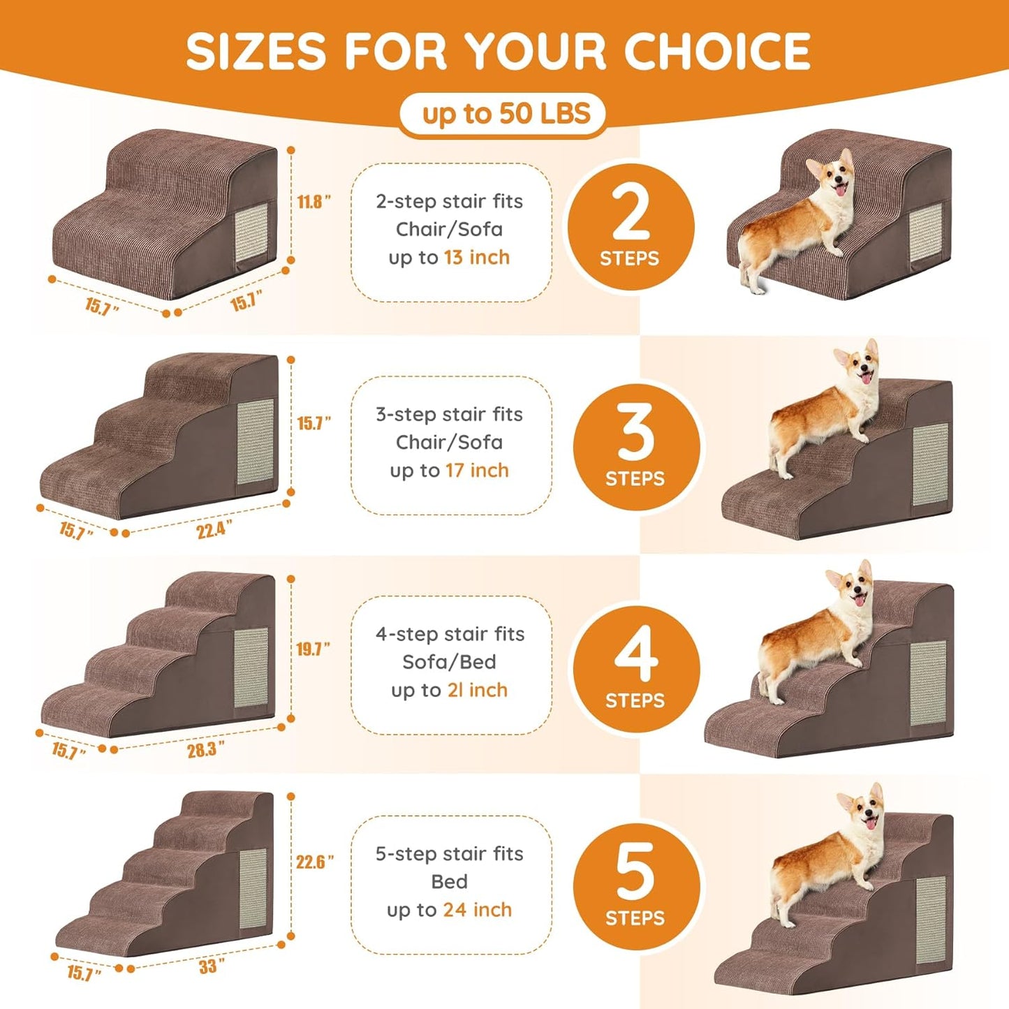 Dogs Steps for Bed, Dog Stairs for Small Dogs, 2-Step Dog Ramp for Bed, Couch, Sofa, and Chairs, Non-Slip Bottom Design, Cat Scratching, High Density Foam Portable Pet Step, Indoor, Coffee