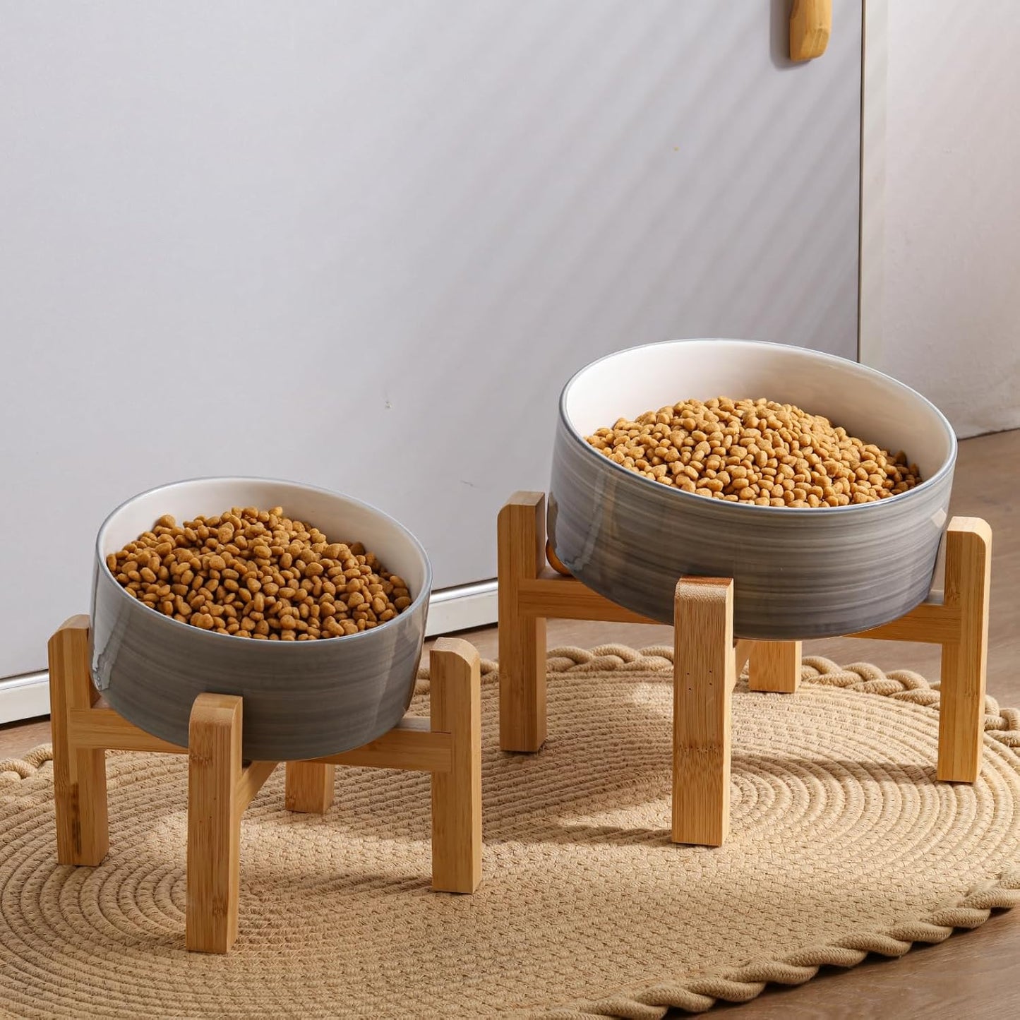 Elevated/Raised 15°Tilted Anti Slip Ceramic Dog Bowls,Slanted Bulldog Pet Food Water Feeding Dish Stand for Cats and Dogs (3.6 Cups/28 OZ) Grey White