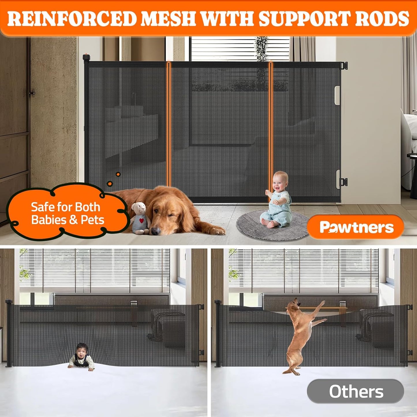 Extra Tall Retractable Baby Gates: 51" Tall Pet Gate, Extend up to 200" Wide, Mesh Baby Gate with Support Rods Jump-Proof Design for Cats & Large Dogs High Dog Cat Door Indoor Outdoor, Black