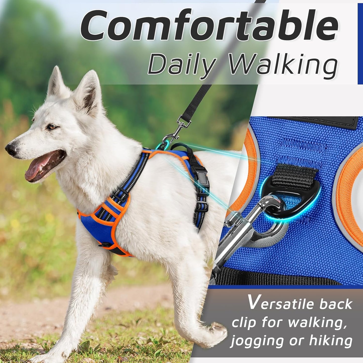 Eagloo Dog Harness for Large Dogs, No Pull Service Vest with Reflective Strips and Control Handle, Adjustable and Comfortable for Walking, No Choke Harness with 2 Metal Rings, Blue & Orange, M