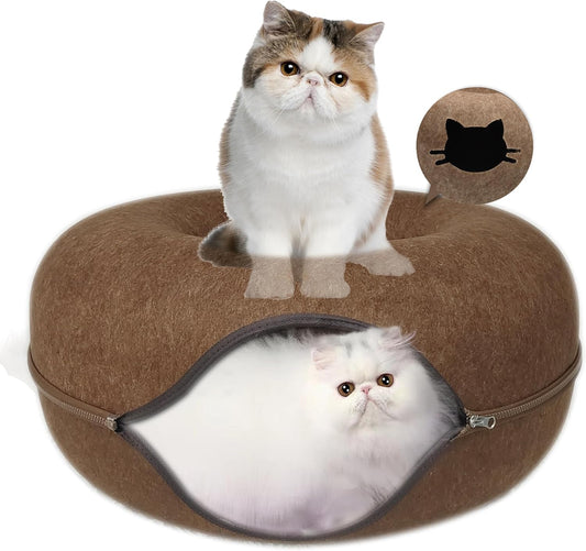 Donut Cat Tunnel Bed Peekaboo Cat Cave for Large Cats Up to 30 Lbs, Kitty Interactive Playing Tent House for Multiple Cats,Detachable,Scratch Resistant (Brown, Medium - 20 Inch Diameter)
