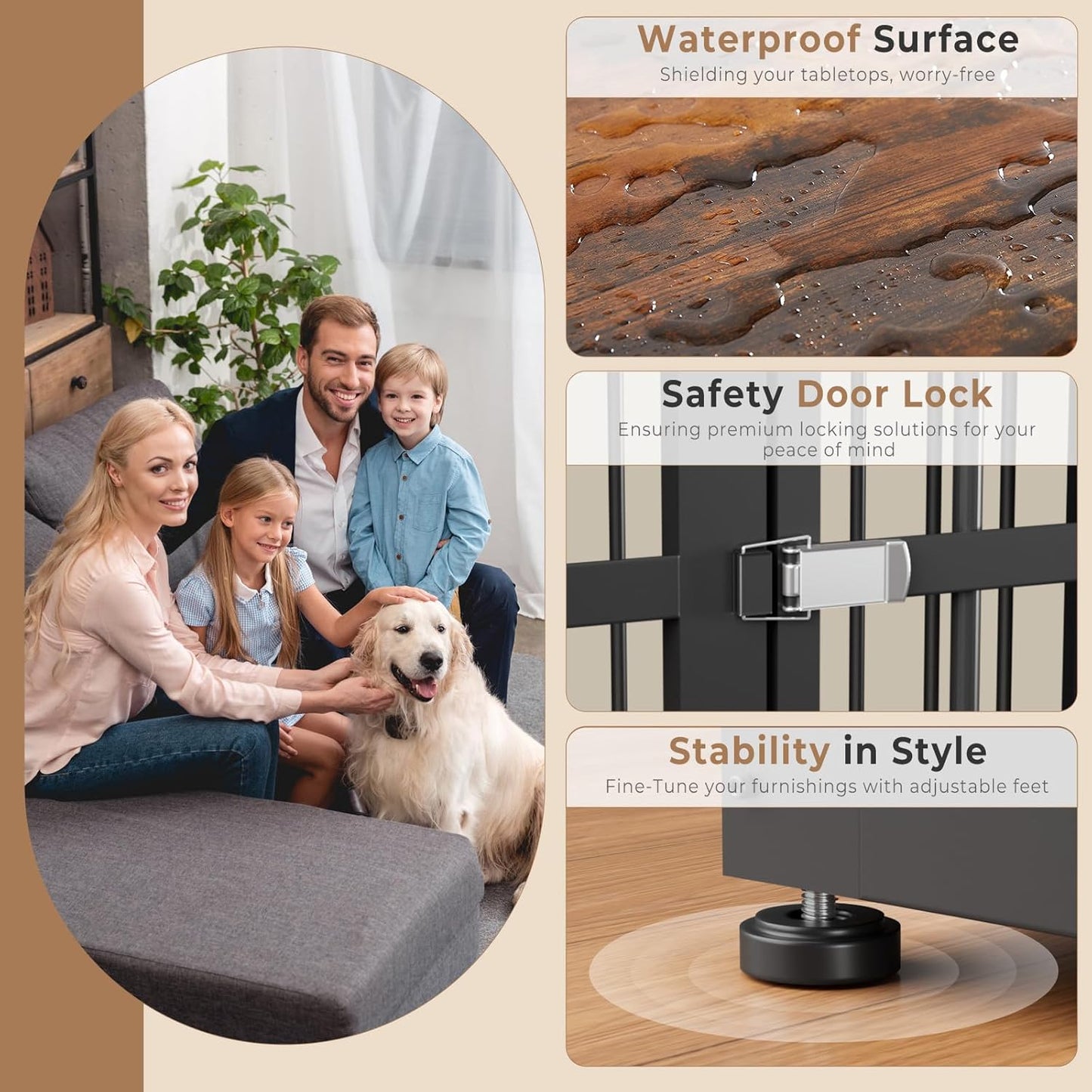 Lyromix 43'' Dog Crate Furniture with 3 Doors, XL Wooden Crate End Table Heavy Duty Indoor Puppy Cage for Medium to Large Dogs, Multiple Units Can be Combined