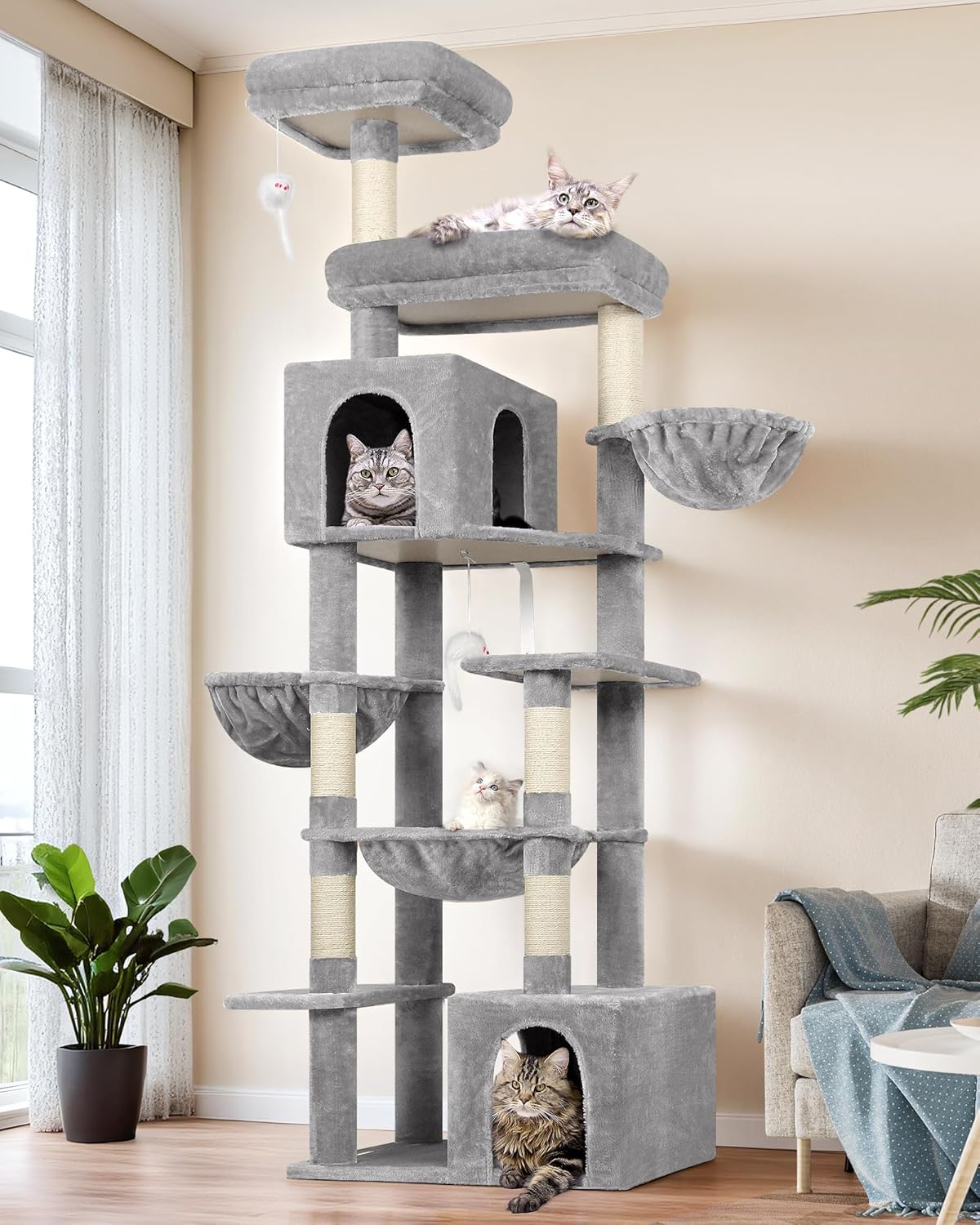 Globlazer Tall Cat Tower, 76 inch Multiple Level Cat Climbers for Indoor Cats, XL Cat Tree with 5 Scratching Posts, 2 Cat Condos, Hammock, 2 Hanging Baskets, F76B, Light Grey
