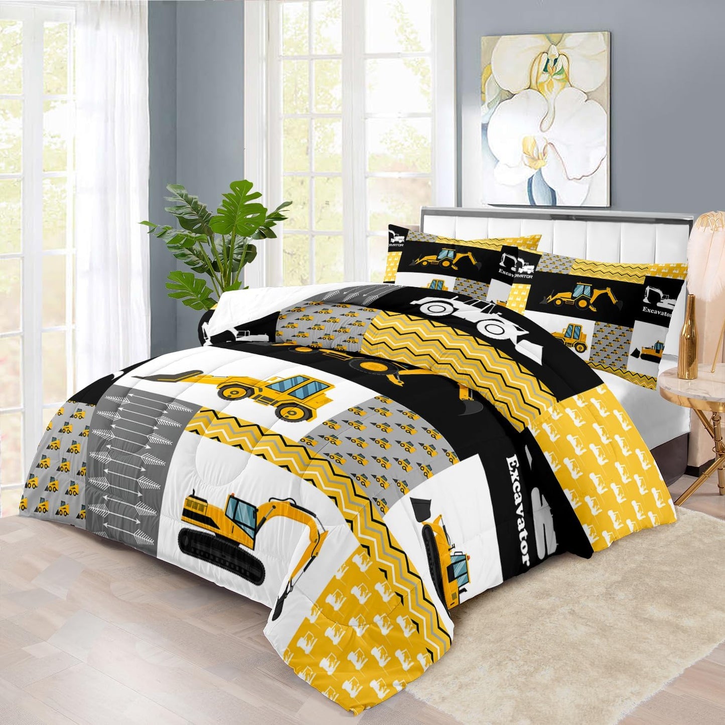 Construction Comforter Set King Boys,Yellow King Construction Bedding Set,Engineering Vehicles Comforter Yellow Bedroom Decor Kids,Truck Quilt Cartoon Truck Bedding for Teen