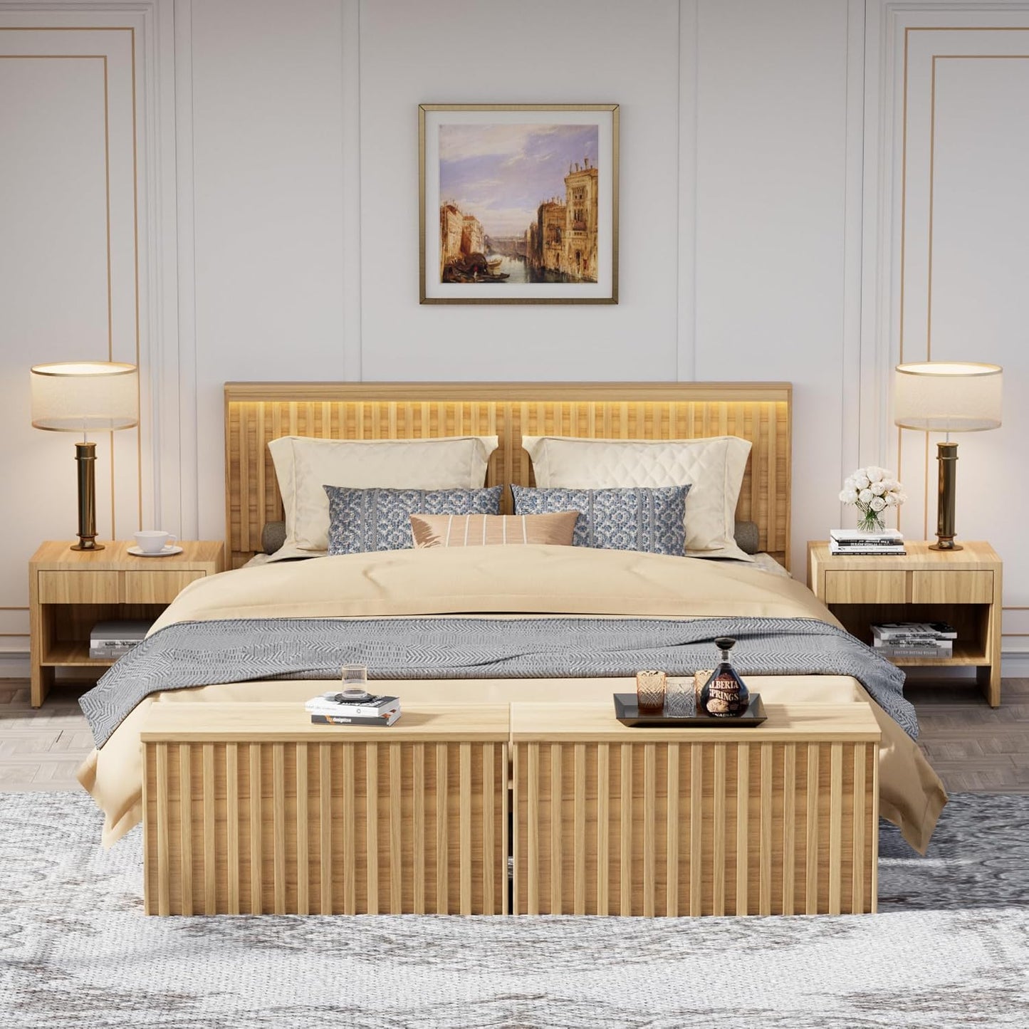 UEV Storage Bench Set of 2, 39.4" Wood Box, Storage Trunk with 2 Safety Hinges, Ottoman Storage Chest Set of 2, Fluted Storage Bench for Bedroom, Shoe Bench for Bedroom, Living Room (Natural Wood)