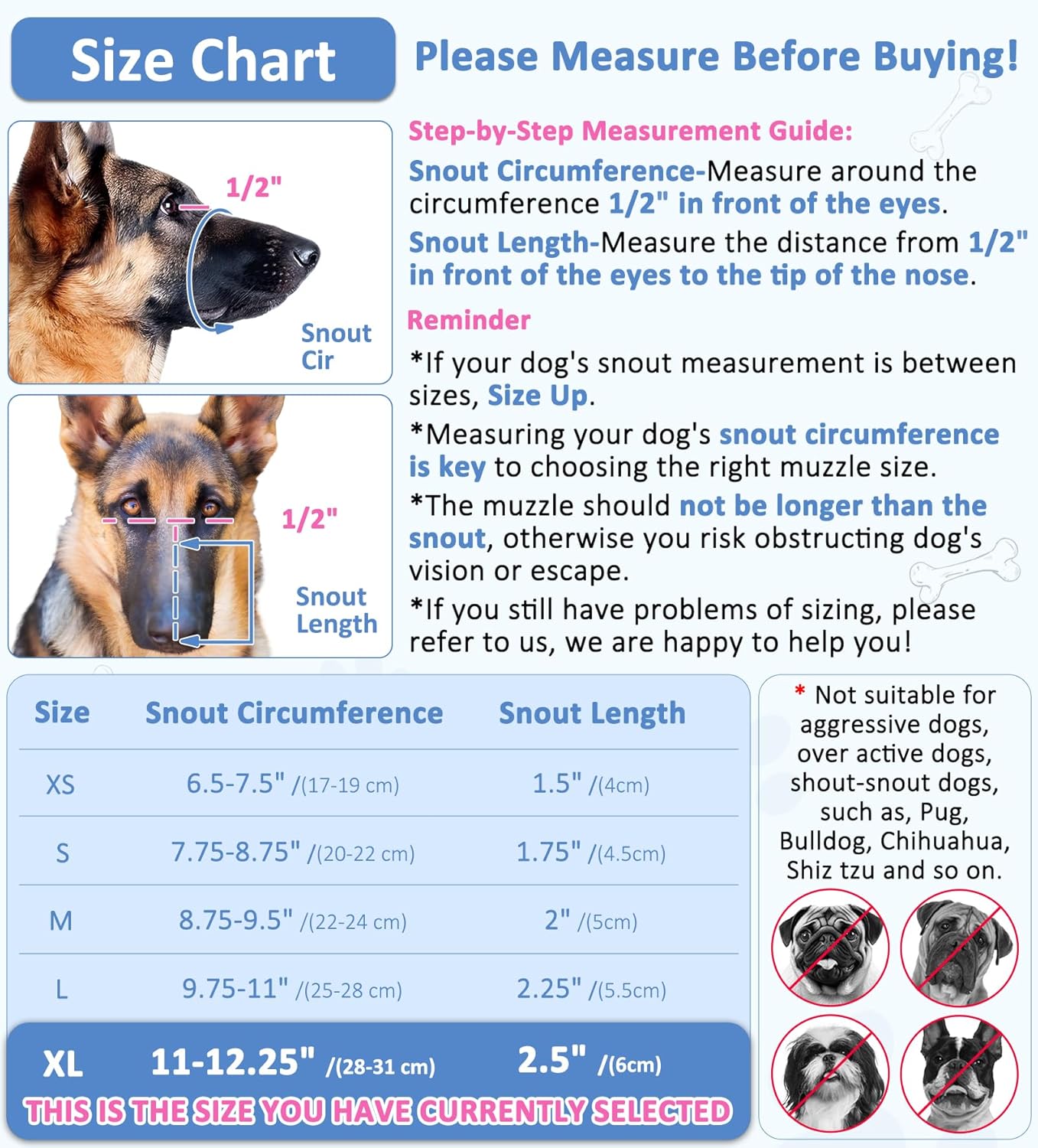 LUCKYPAW Soft Muzzle for Medium Large Sized Dogs Beagle Labrador German Shepherds, Dog Muzzle to Prevent Biting Chewing, Adjustable Breathable Mouth Guard for Grooming Walking Training(Blue, XL)