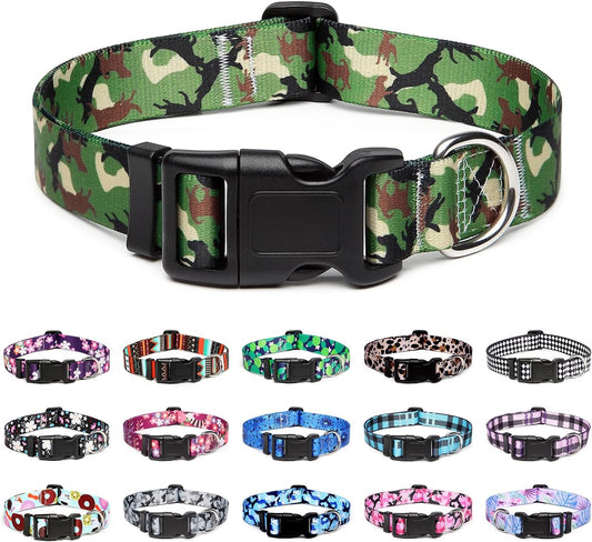 Mercano Adjustable Dog Collar - Special Design Patterns, Soft Nylon Comfortable Durable Pet Collar for Small Medium Large Dogs (L, Dog Camouflage Green)