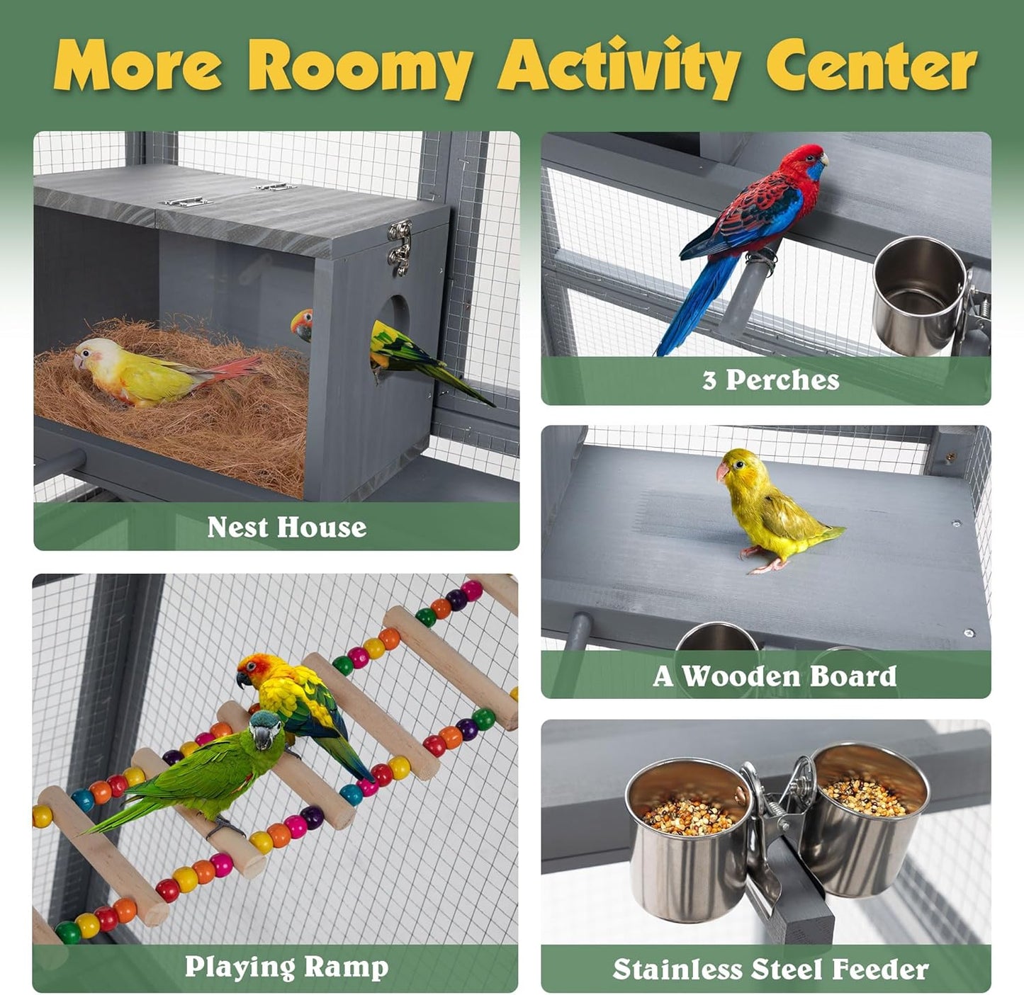 Coziwow 68" H Large Wood Bird Cage on Wheels, Outdoor Bird Aviary Indoor Wooden Large Bird Cage Parakeet Cage with Pull Out Tray and Feeder,Ideal for Small Birds,Finches,Parrots, Gray