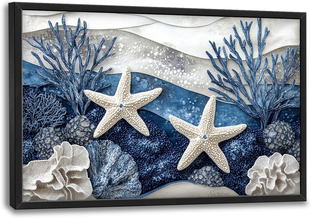 Large Starfish Nautical Wall Art for Living Room, Ocean Canvas Oversized Wall Decor, Sea Animal Modern Framed Pictures Painting Print Artwork for Bedroom Office 36"L x 24"W