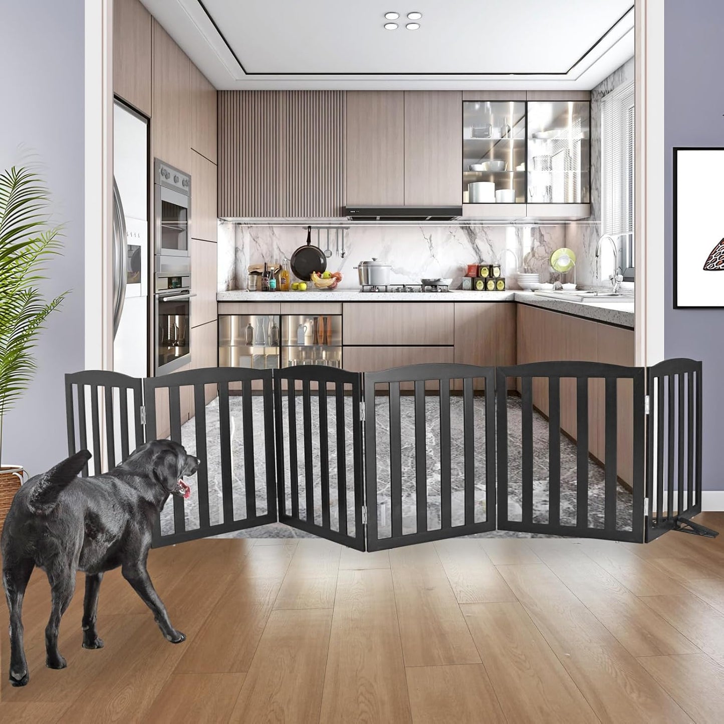 ZJSF Foldable Freestanding Indoor Dog Gate for House Wood White Long Pet Gates Dog Fence for Stairs Puppy Gates for Hallways, Puppy Gate,Support Feet Included, Black, 24 "Height-6 Panels