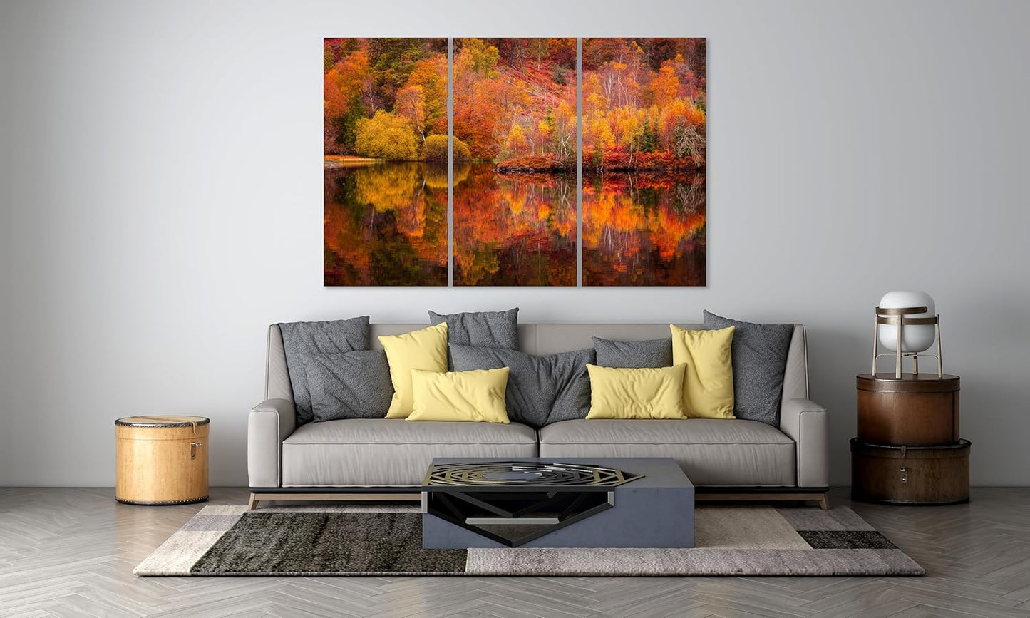 Nature Wall Art Prints - Ocean Forest Mountain Lake Canvas Landscapes - Small to Extra Large Living Room Bedroom Kitchen Bathroom Décor (Autumn Forest with Lake, 31L" x 47W" - 3 Panels)