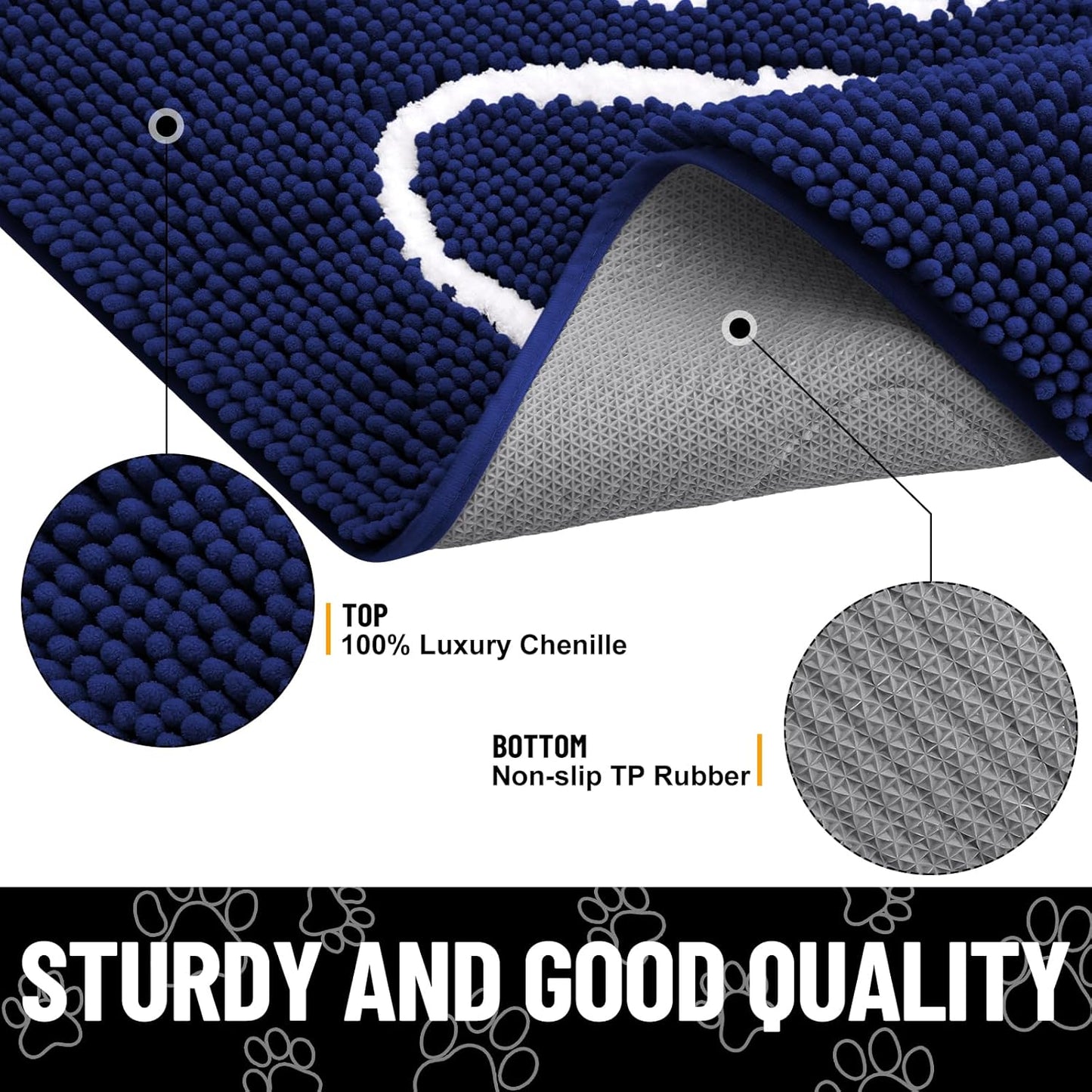 Smiry Dog Door Mat for Muddy Paws, Absorbent Dirt Trapper Non Slip Quick Dry Washable Chenille Mat for Mud Dogs, Entry Rug for Indoor and Outdoor (70x24 Inches, Navy Blue)