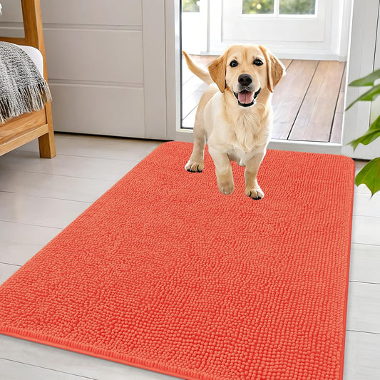 OLANLY Dog Door Mat for Muddy Paws 44x32, Absorbs Moisture and Dirt, Absorbent Non-Slip Washable Doormat, Quick Dry Chenille Mud Mat for Dogs, Entry Indoor Entryway Carpet for Inside Floor, Coral