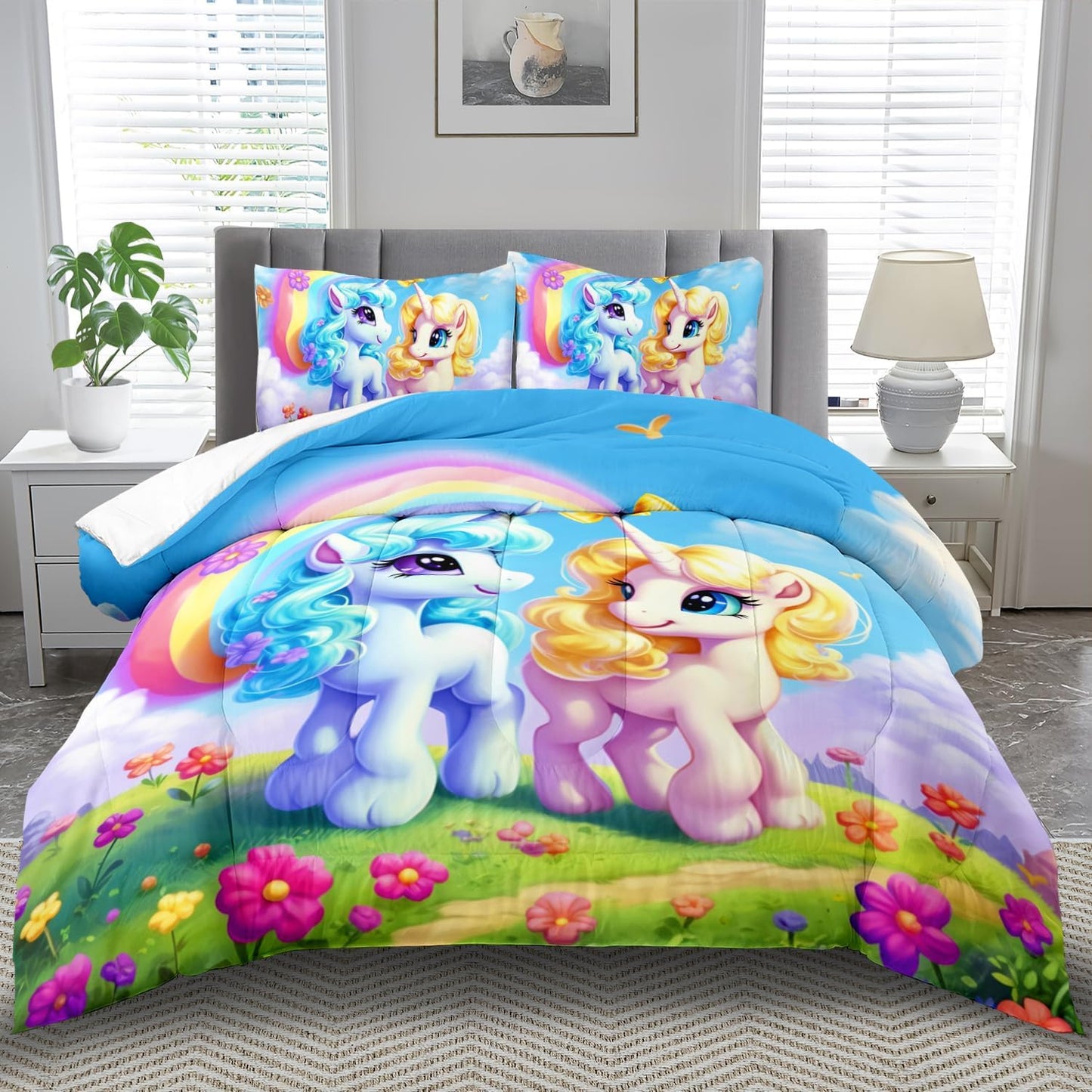 Unicorn Comforter Set Full,Kawaii Unicorn Bedding Set Full Kids,Rainbow Comforter Blue Bedroom Decor,Cute Animal Bedding Rainbow Bed Decor for Girls,Cartoon Blue Floral Quilt