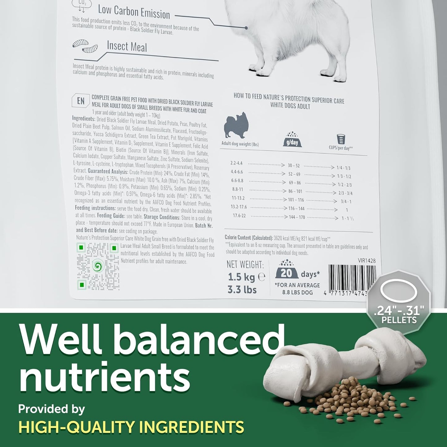 Nature's Protection Superior Care White Dogs Grain-Free Dry Dog Food - High Protein, Tear Stain Remover Dog Food for Small & Mini Breeds Light Coated Adult Dogs, Fresh Pet Meal, Insects, 3.3 lb