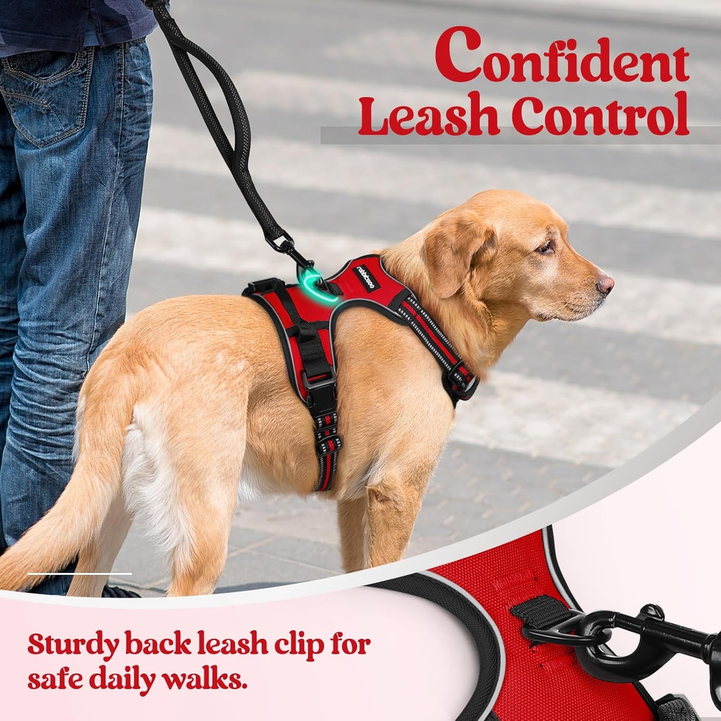 rabbitgoo Dog Harness No Pull with 2 Leash Clips, Adjustable Soft Padded, Reflective Oxford No Choke Pet Vest with Easy Control Handle for Medium Sized Dogs, Red, M